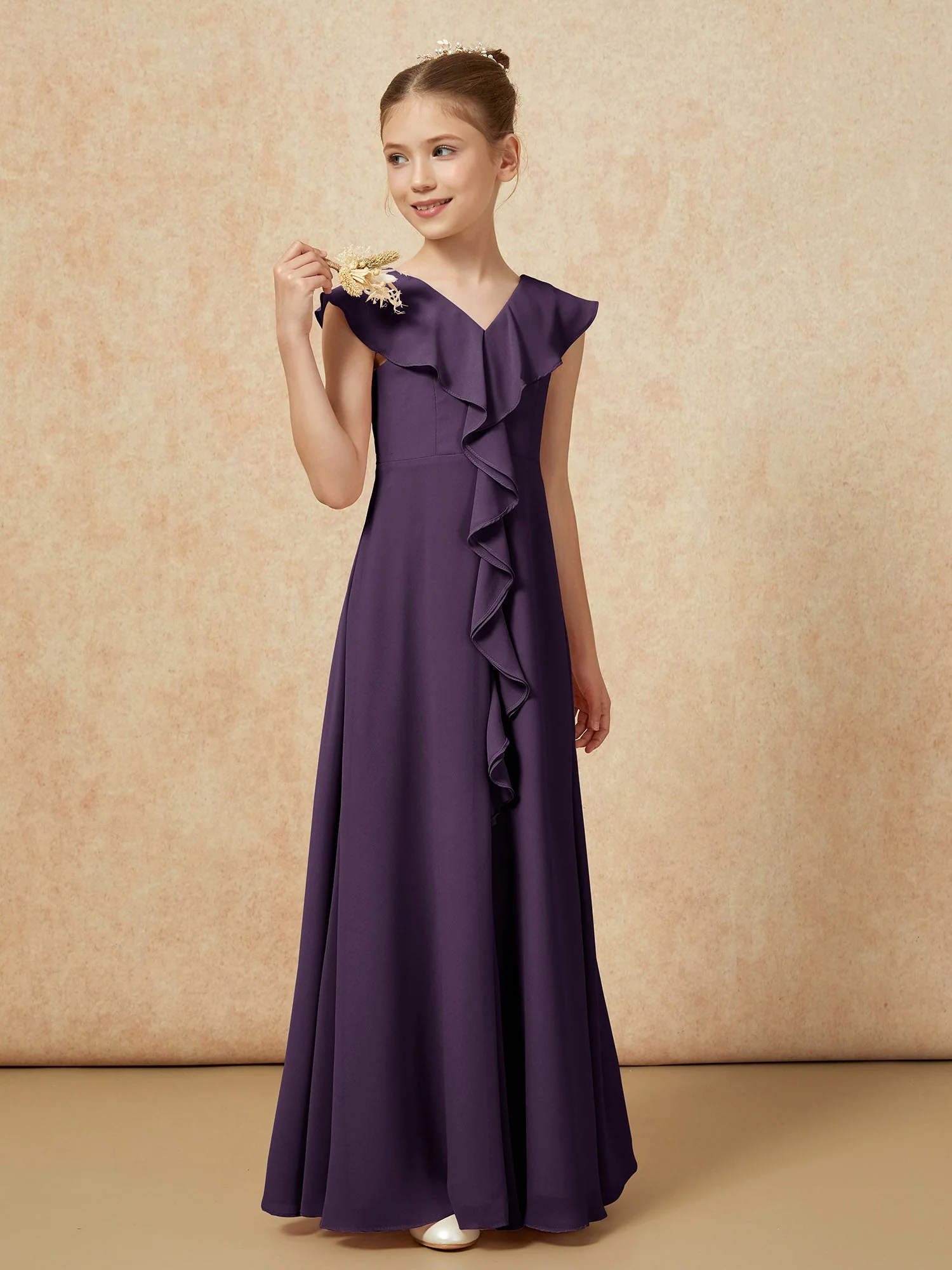 V-Ausschnitt Rüschen Chiffon Junge Brautjungfernkleider mit Schlitz Plum - Image 4
