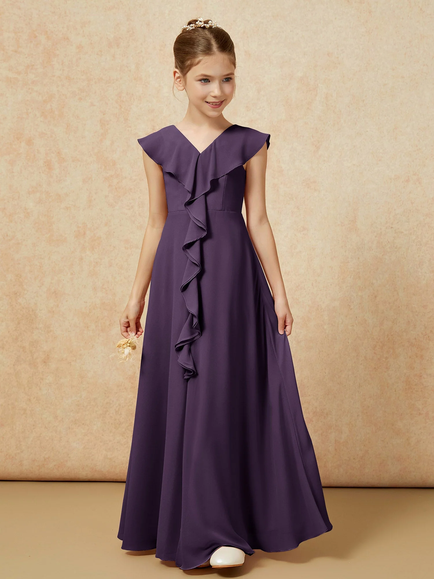 V-Ausschnitt Rüschen Chiffon Junge Brautjungfernkleider mit Schlitz Plum - Image 5