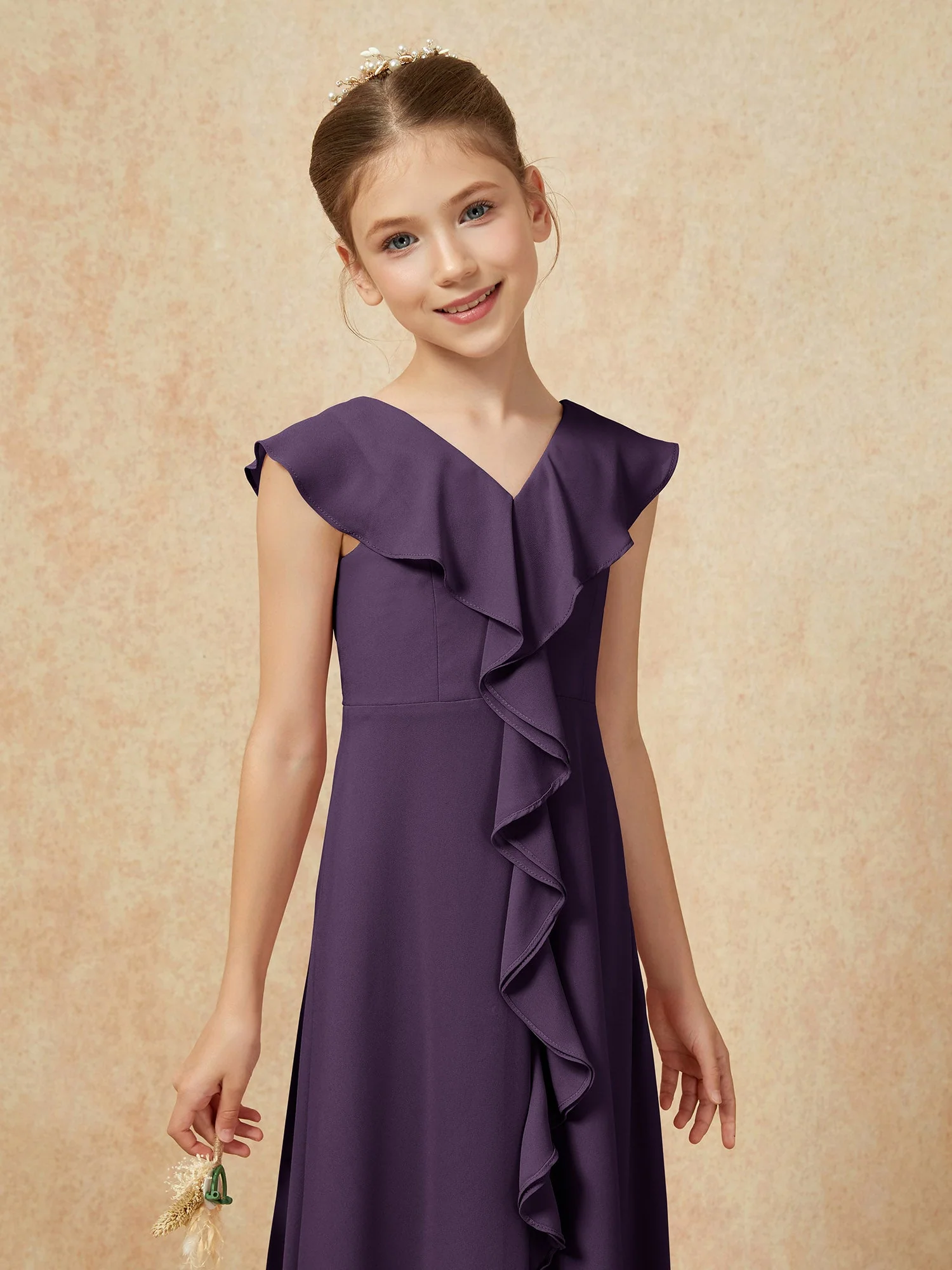V-Ausschnitt Rüschen Chiffon Junge Brautjungfernkleider mit Schlitz Plum - Image 6