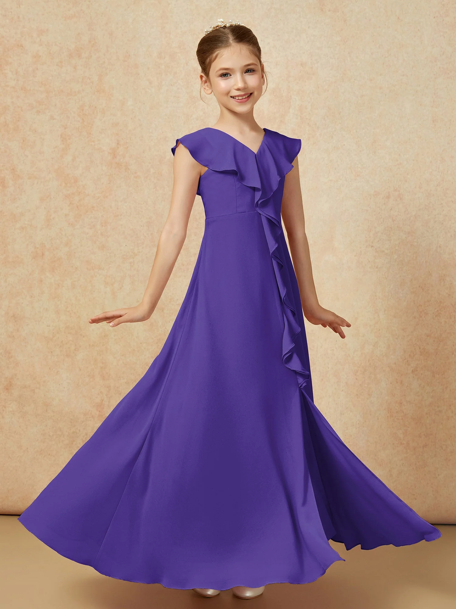V-Ausschnitt Rüschen Chiffon Junge Brautjungfernkleider mit Schlitz Regentschaft - Image 3
