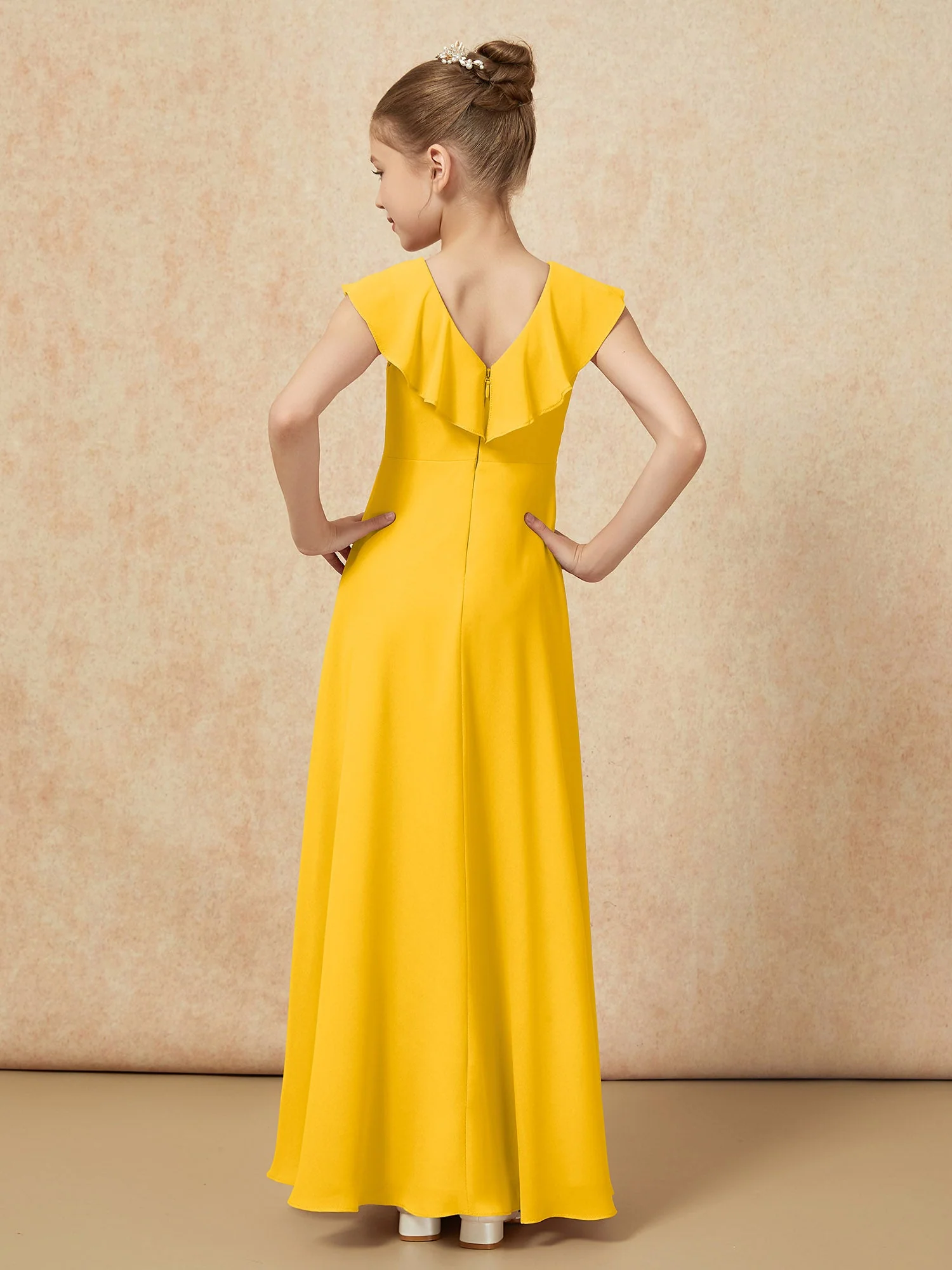 V-Ausschnitt Rüschen Chiffon Junge Brautjungfernkleider mit Schlitz Ringelblume - Image 2