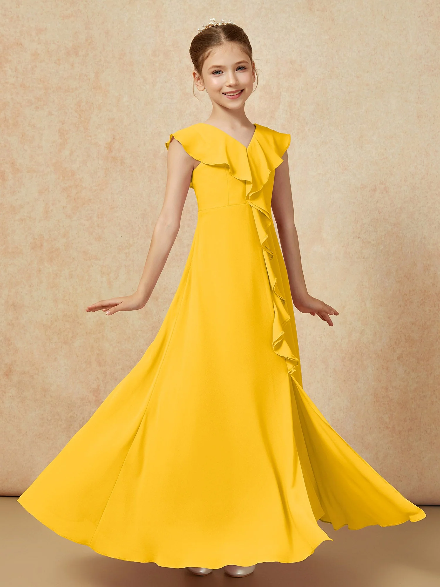 V-Ausschnitt Rüschen Chiffon Junge Brautjungfernkleider mit Schlitz Ringelblume - Image 3