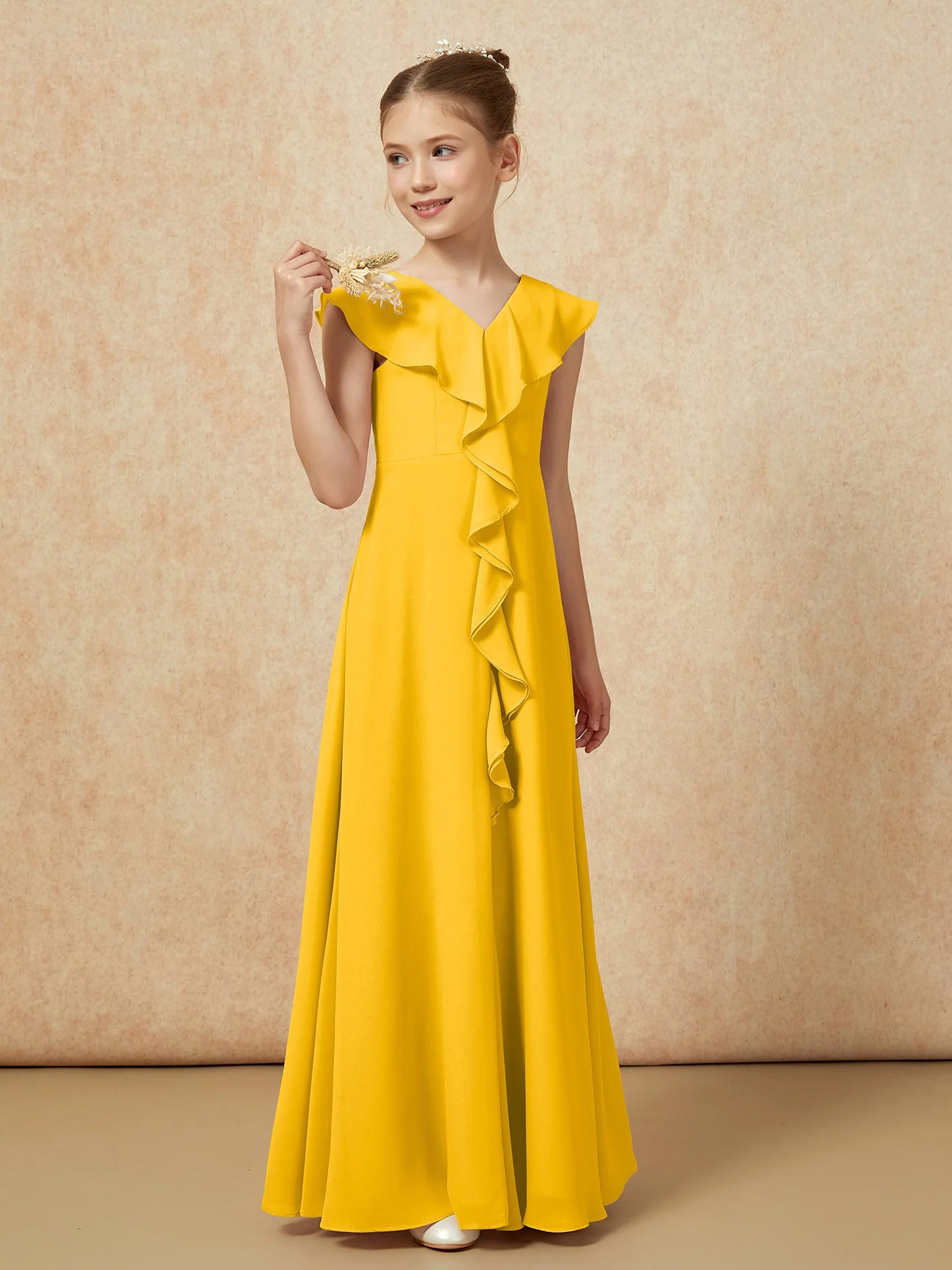 V-Ausschnitt Rüschen Chiffon Junge Brautjungfernkleider mit Schlitz Ringelblume - Image 4