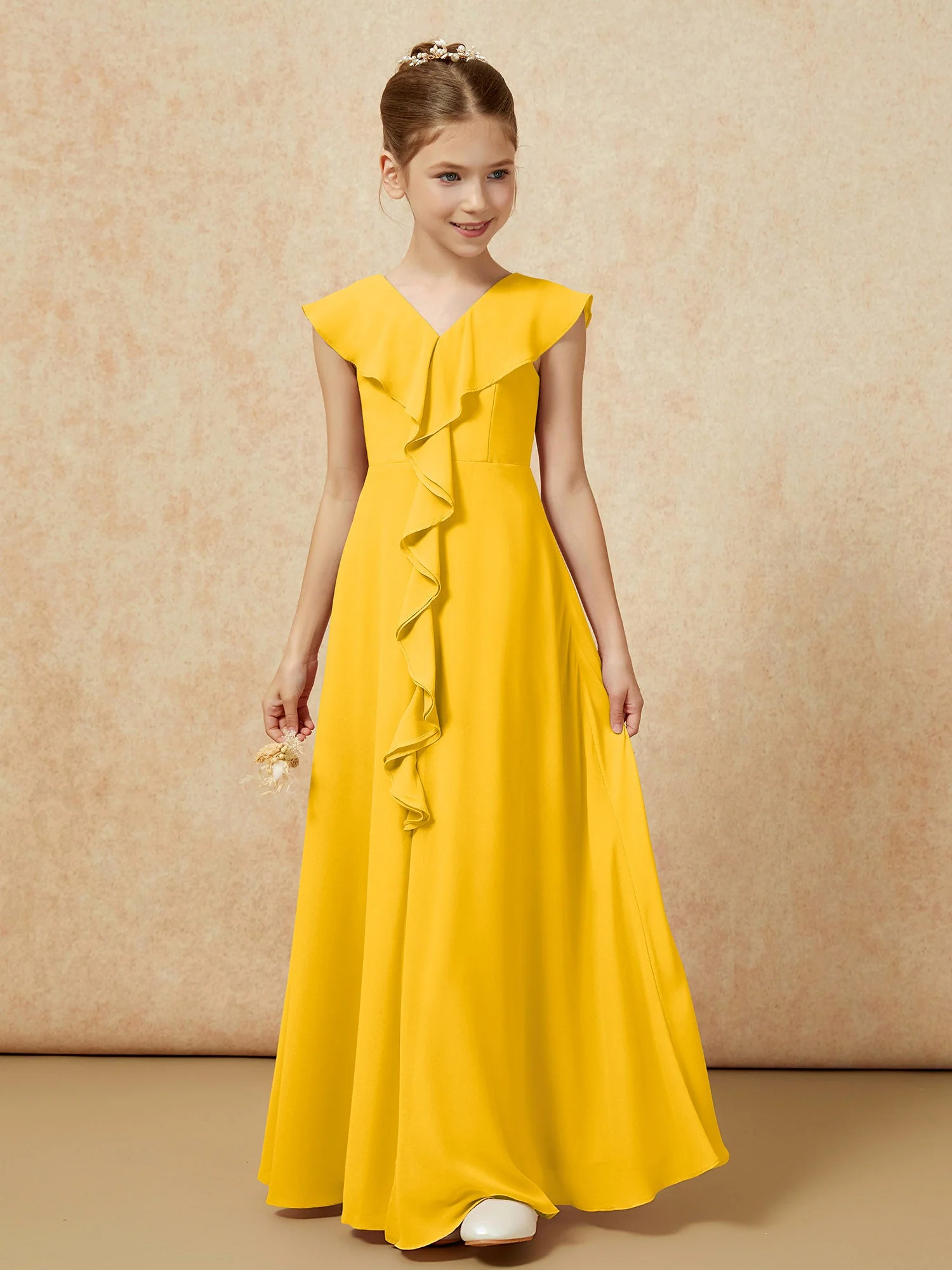 V-Ausschnitt Rüschen Chiffon Junge Brautjungfernkleider mit Schlitz Ringelblume - Image 5