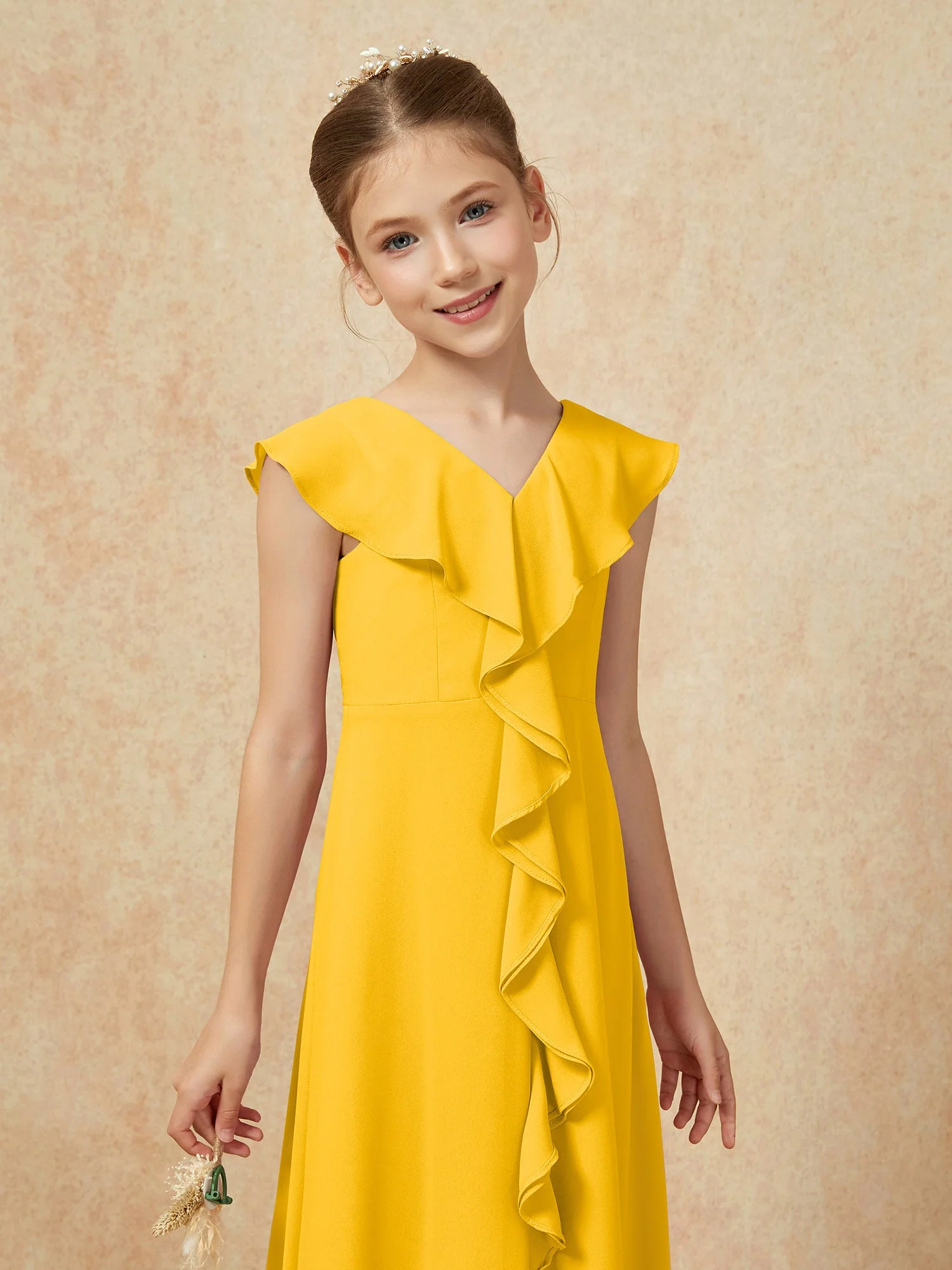 V-Ausschnitt Rüschen Chiffon Junge Brautjungfernkleider mit Schlitz Ringelblume - Image 6