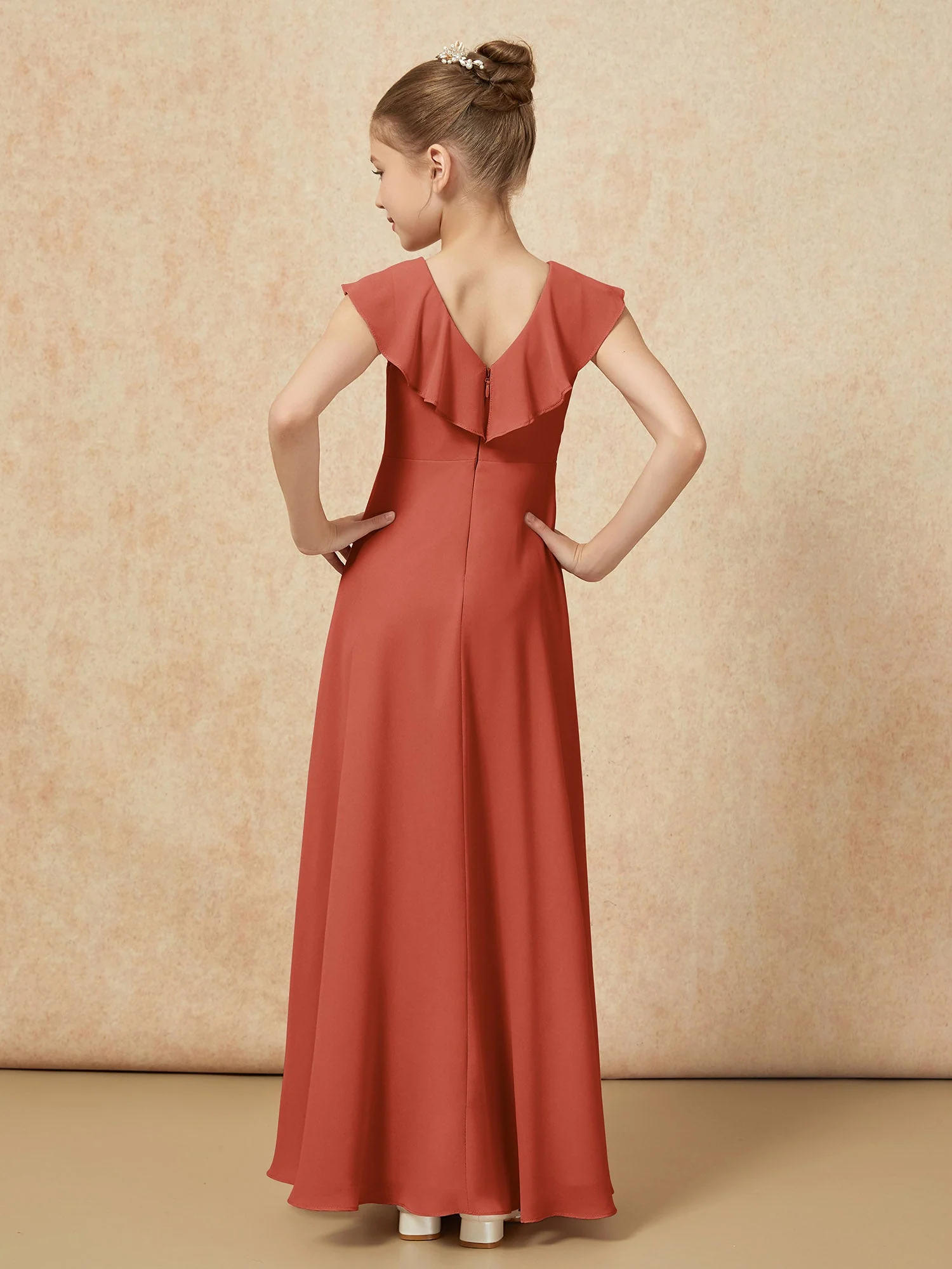 V-Ausschnitt Rüschen Chiffon Junge Brautjungfernkleider mit Schlitz Rost - Image 2