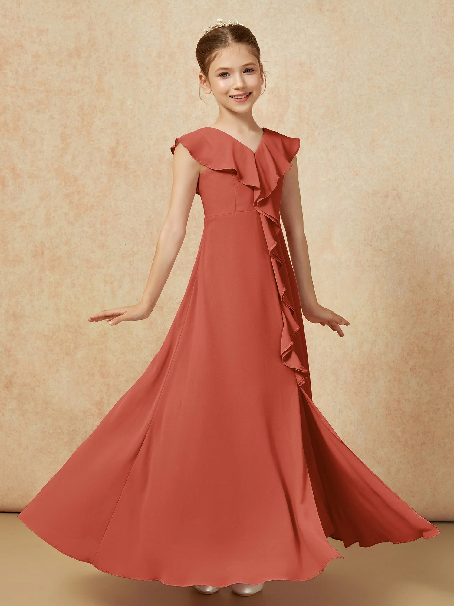 V-Ausschnitt Rüschen Chiffon Junge Brautjungfernkleider mit Schlitz Rost - Image 3