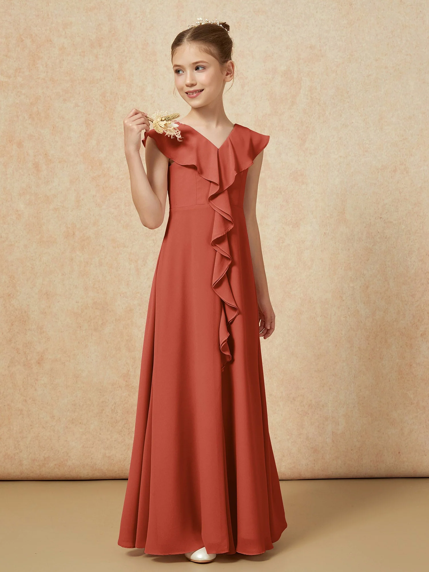 V-Ausschnitt Rüschen Chiffon Junge Brautjungfernkleider mit Schlitz Rost - Image 4