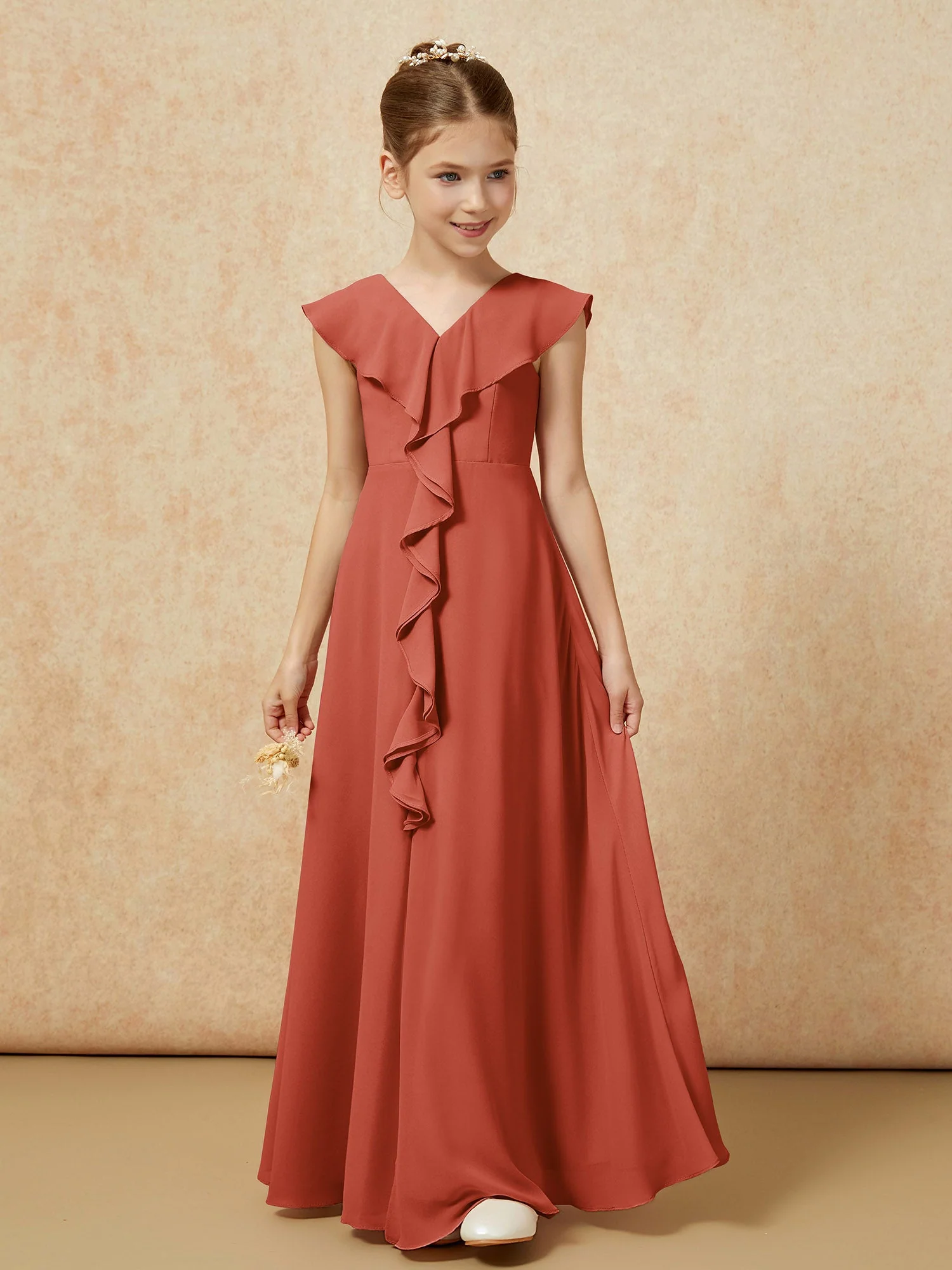 V-Ausschnitt Rüschen Chiffon Junge Brautjungfernkleider mit Schlitz Rost - Image 5