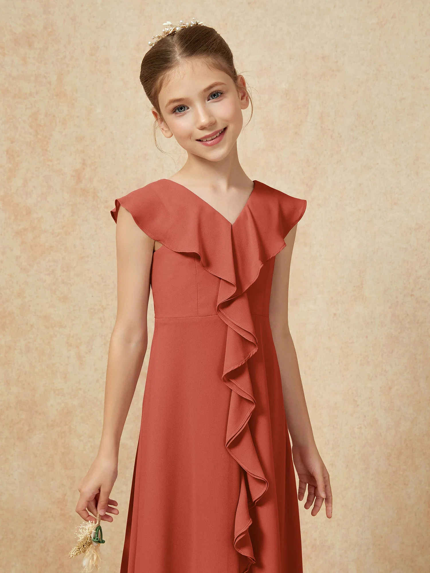 V-Ausschnitt Rüschen Chiffon Junge Brautjungfernkleider mit Schlitz Rost - Image 6