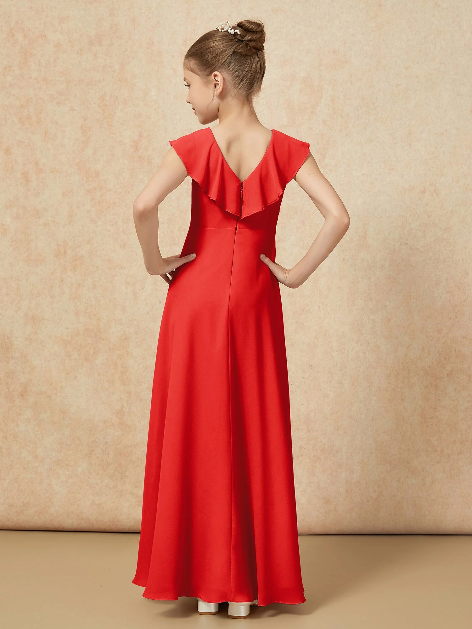 V-Ausschnitt Rüschen Chiffon Junge Brautjungfernkleider mit Schlitz Rot - Image 2