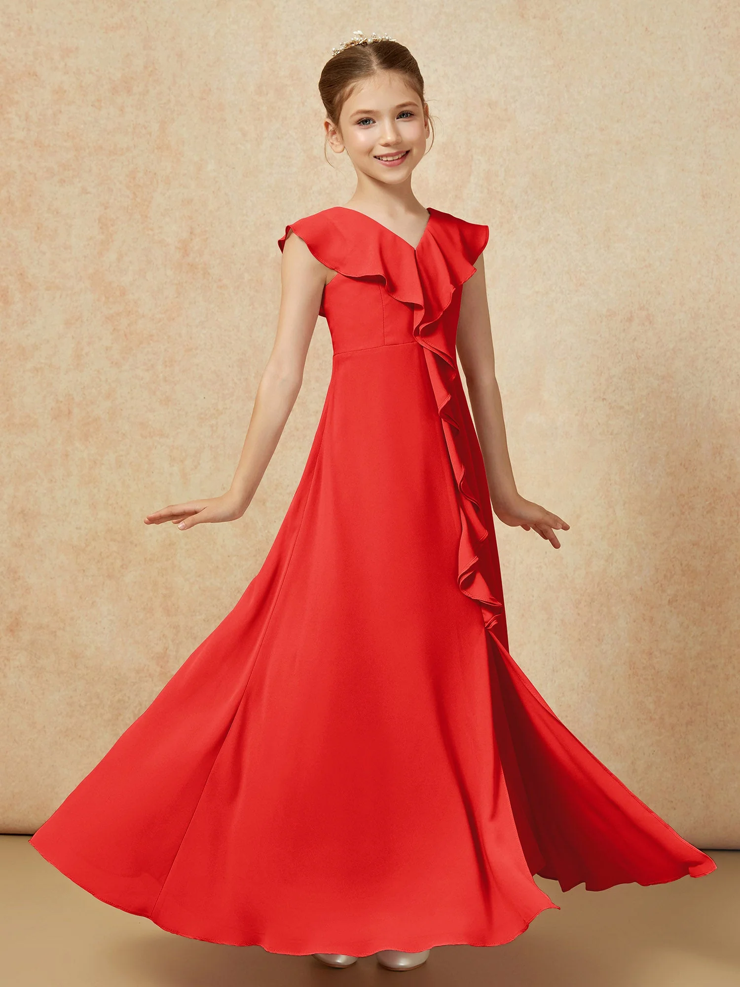 V-Ausschnitt Rüschen Chiffon Junge Brautjungfernkleider mit Schlitz Rot - Image 3