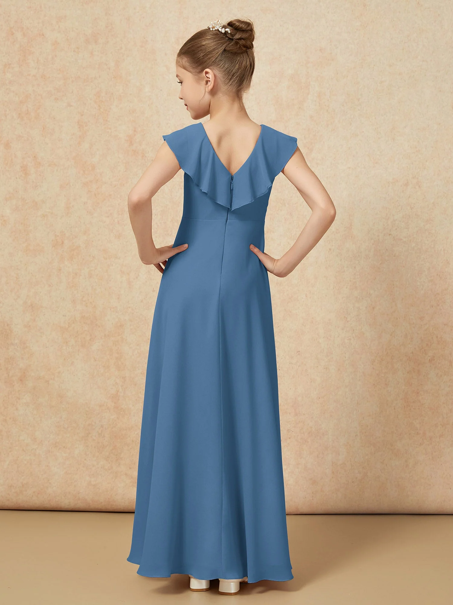 V-Ausschnitt Rüschen Chiffon Junge Brautjungfernkleider mit Schlitz Schiefer Blau - Image 2