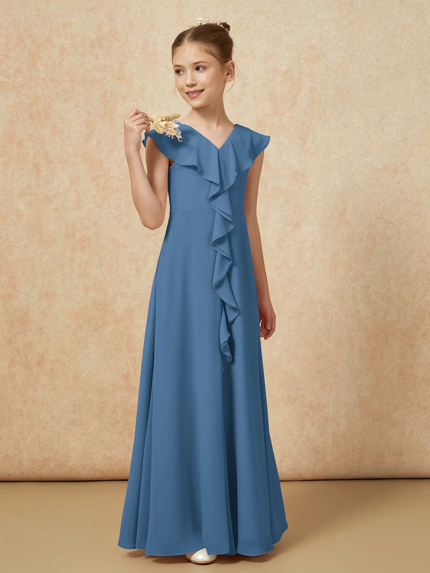 V-Ausschnitt Rüschen Chiffon Junge Brautjungfernkleider mit Schlitz Schiefer Blau - Image 4