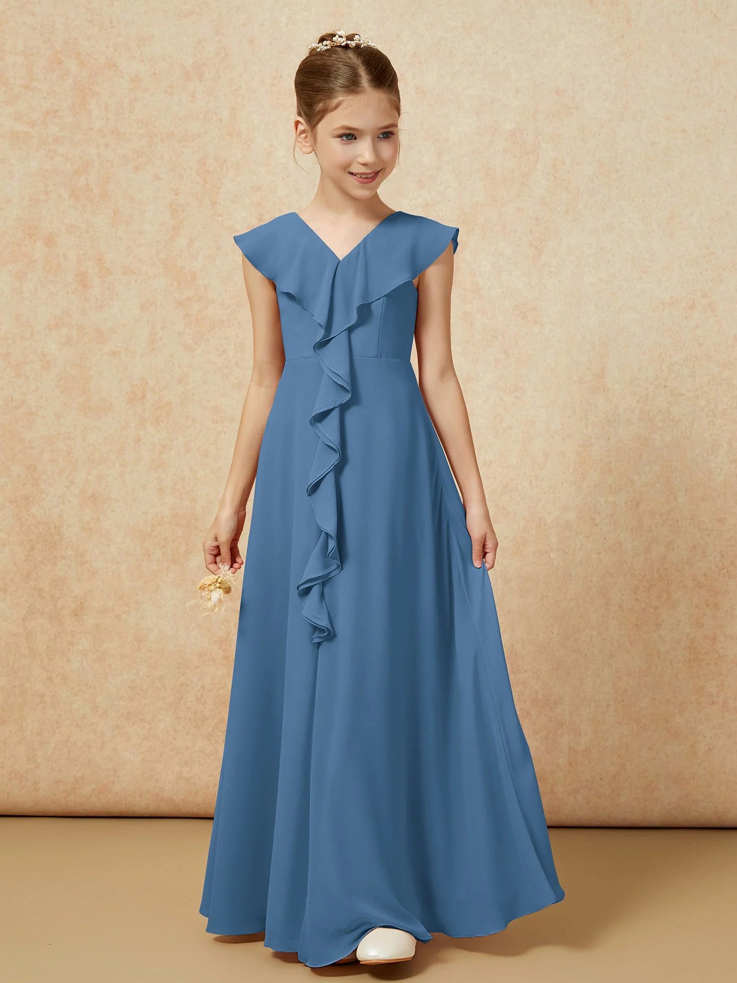 V-Ausschnitt Rüschen Chiffon Junge Brautjungfernkleider mit Schlitz Schiefer Blau - Image 5