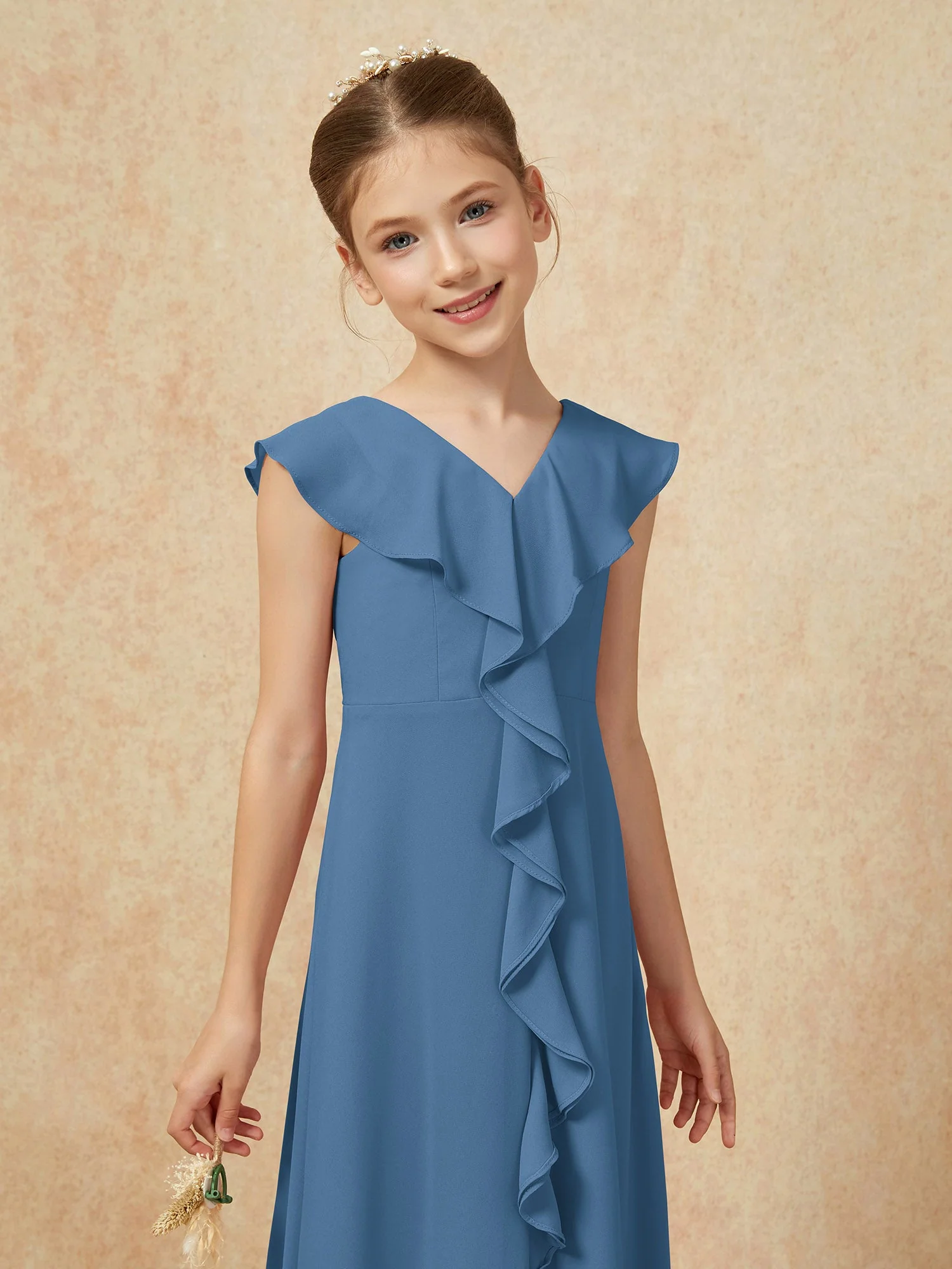 V-Ausschnitt Rüschen Chiffon Junge Brautjungfernkleider mit Schlitz Schiefer Blau - Image 6