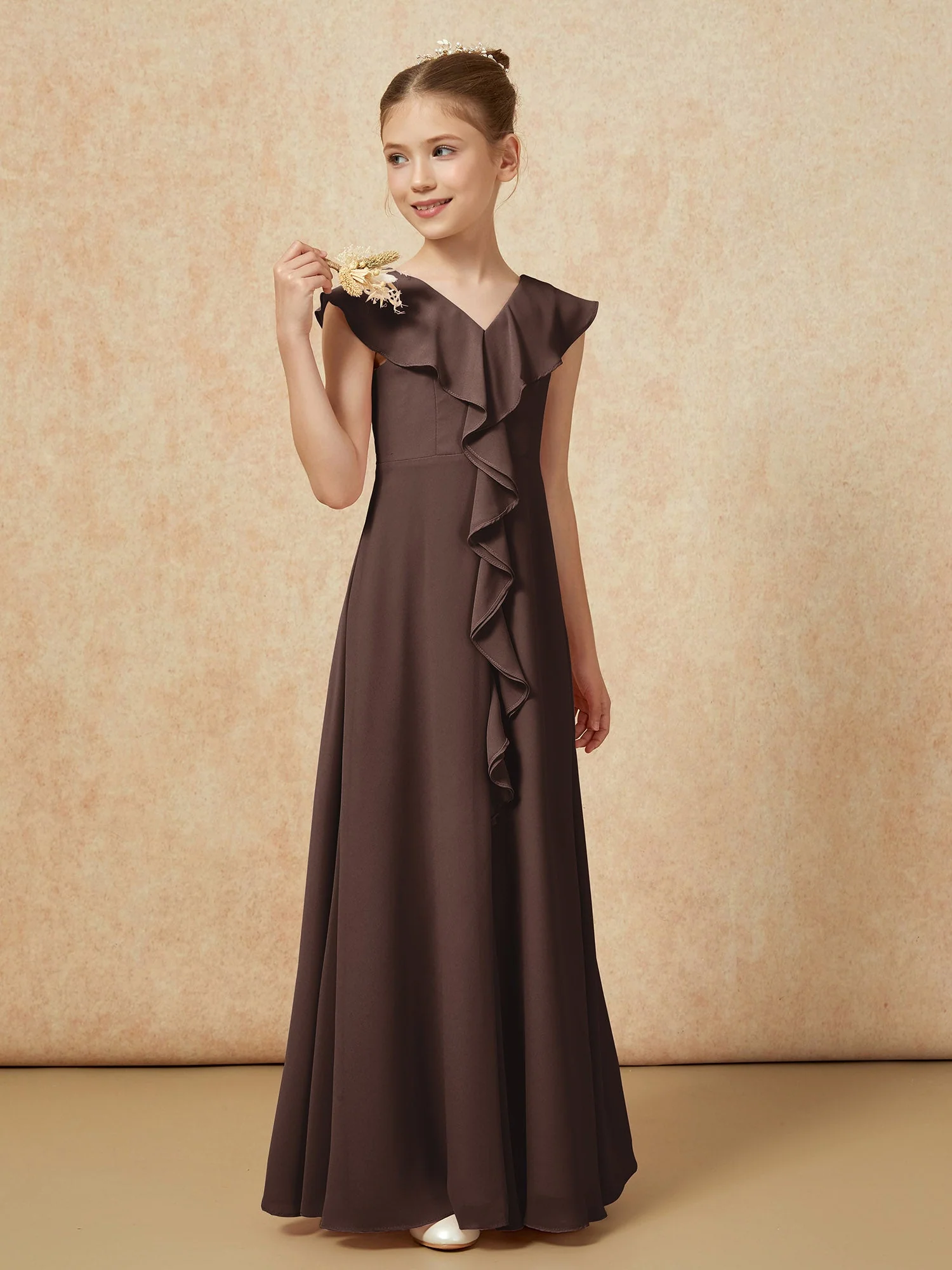 V-Ausschnitt Rüschen Chiffon Junge Brautjungfernkleider mit Schlitz Schokolade - Image 4