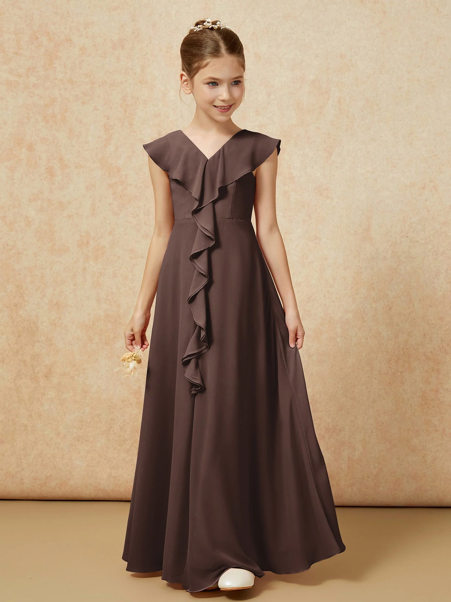 V-Ausschnitt Rüschen Chiffon Junge Brautjungfernkleider mit Schlitz Schokolade - Image 5