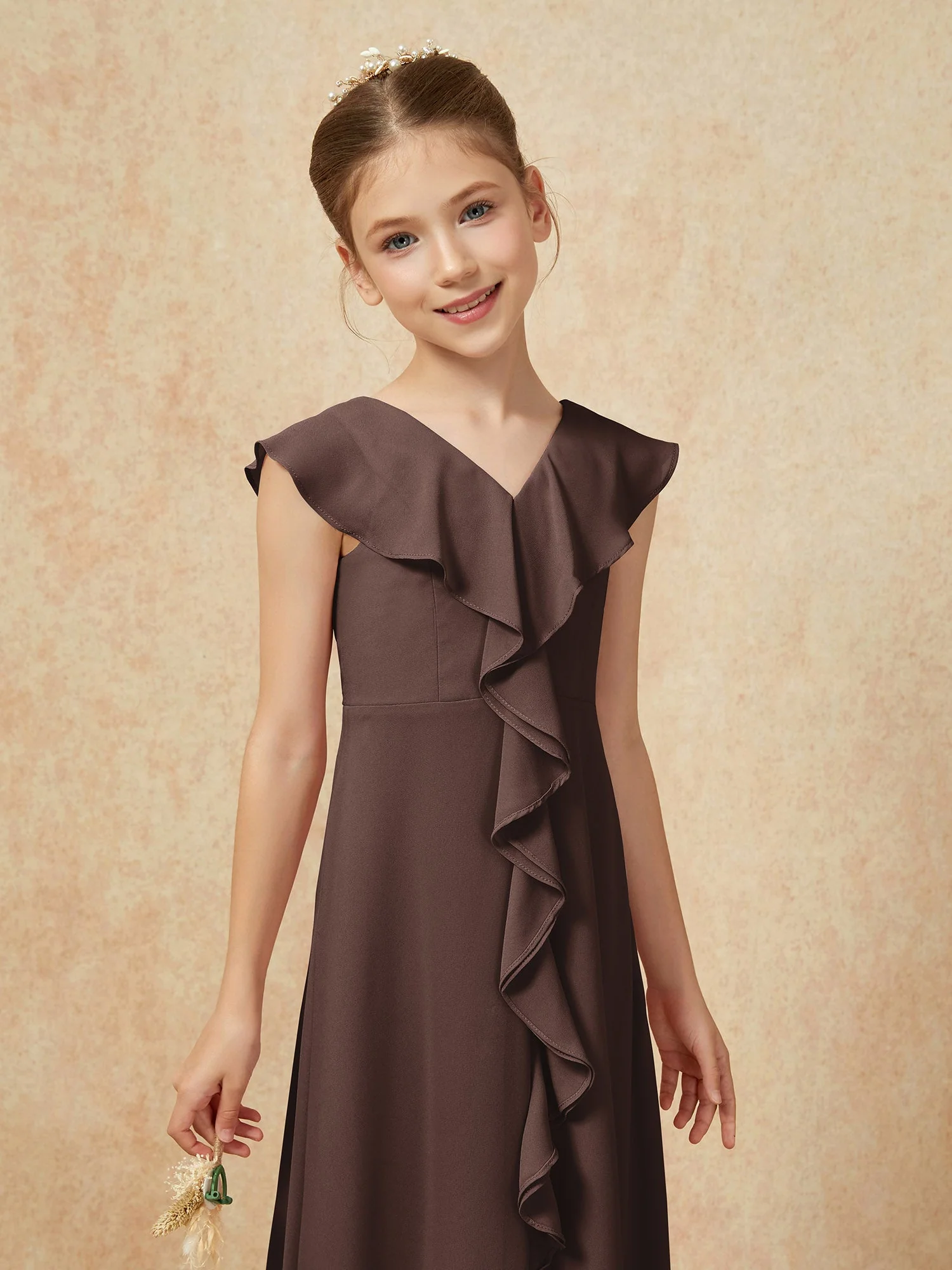 V-Ausschnitt Rüschen Chiffon Junge Brautjungfernkleider mit Schlitz Schokolade - Image 6