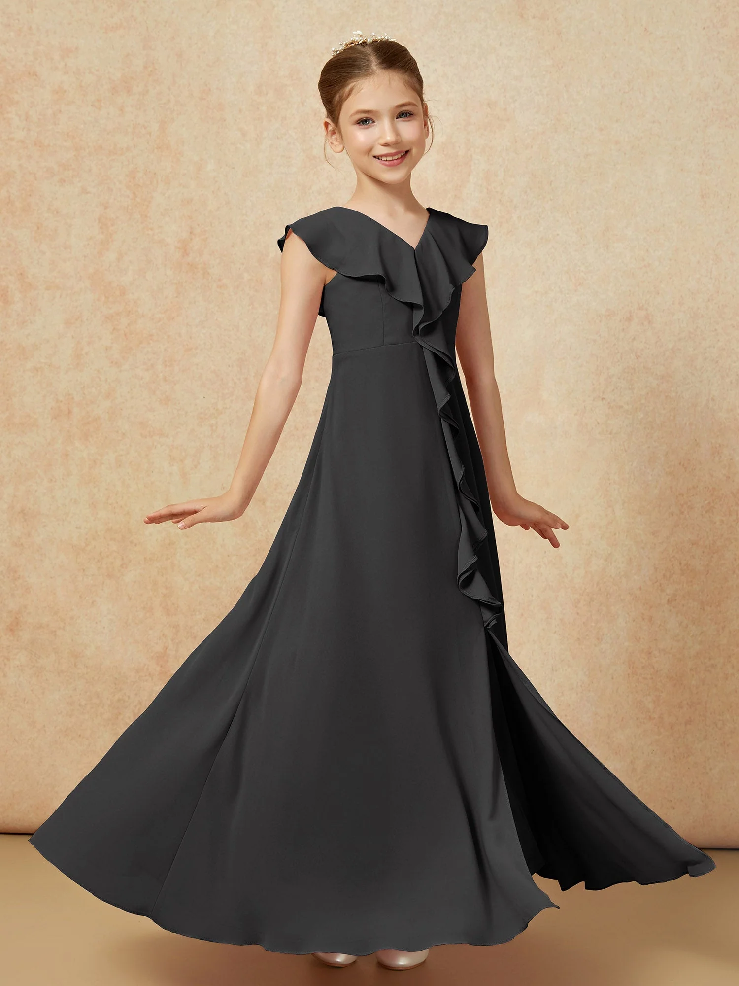 V-Ausschnitt Rüschen Chiffon Junge Brautjungfernkleider mit Schlitz Schwarz - Image 3
