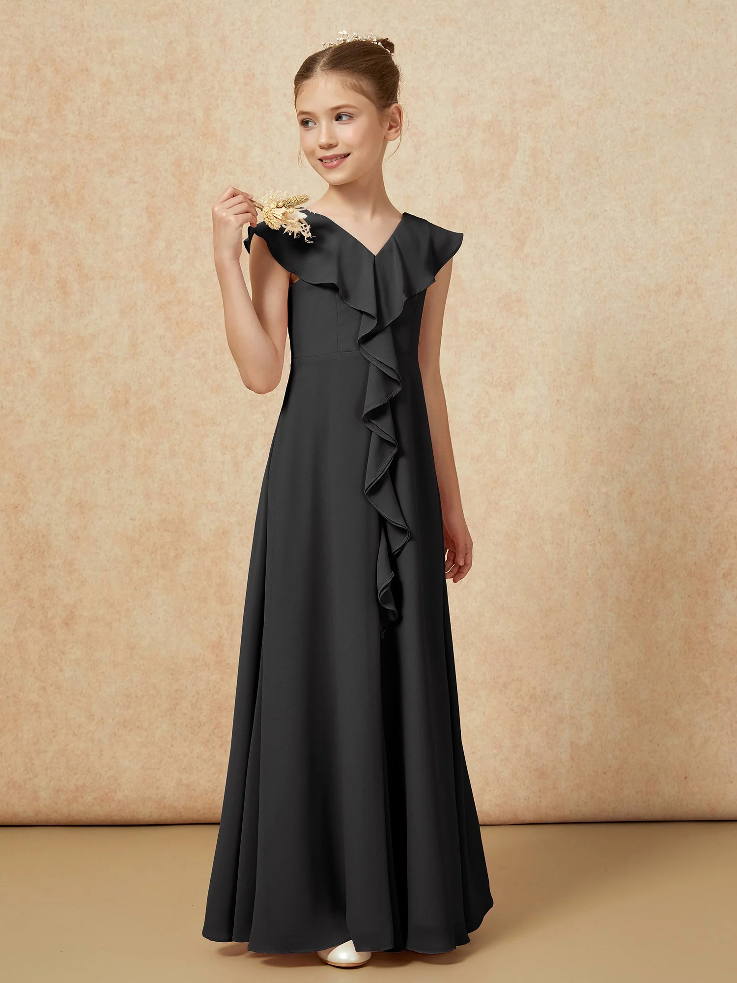 V-Ausschnitt Rüschen Chiffon Junge Brautjungfernkleider mit Schlitz Schwarz - Image 4