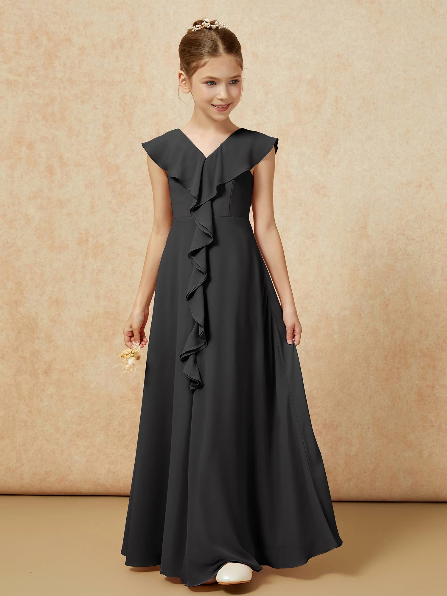 V-Ausschnitt Rüschen Chiffon Junge Brautjungfernkleider mit Schlitz Schwarz - Image 5