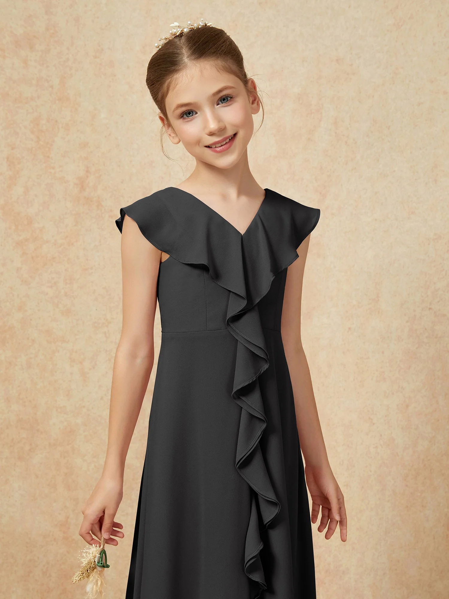 V-Ausschnitt Rüschen Chiffon Junge Brautjungfernkleider mit Schlitz Schwarz - Image 6