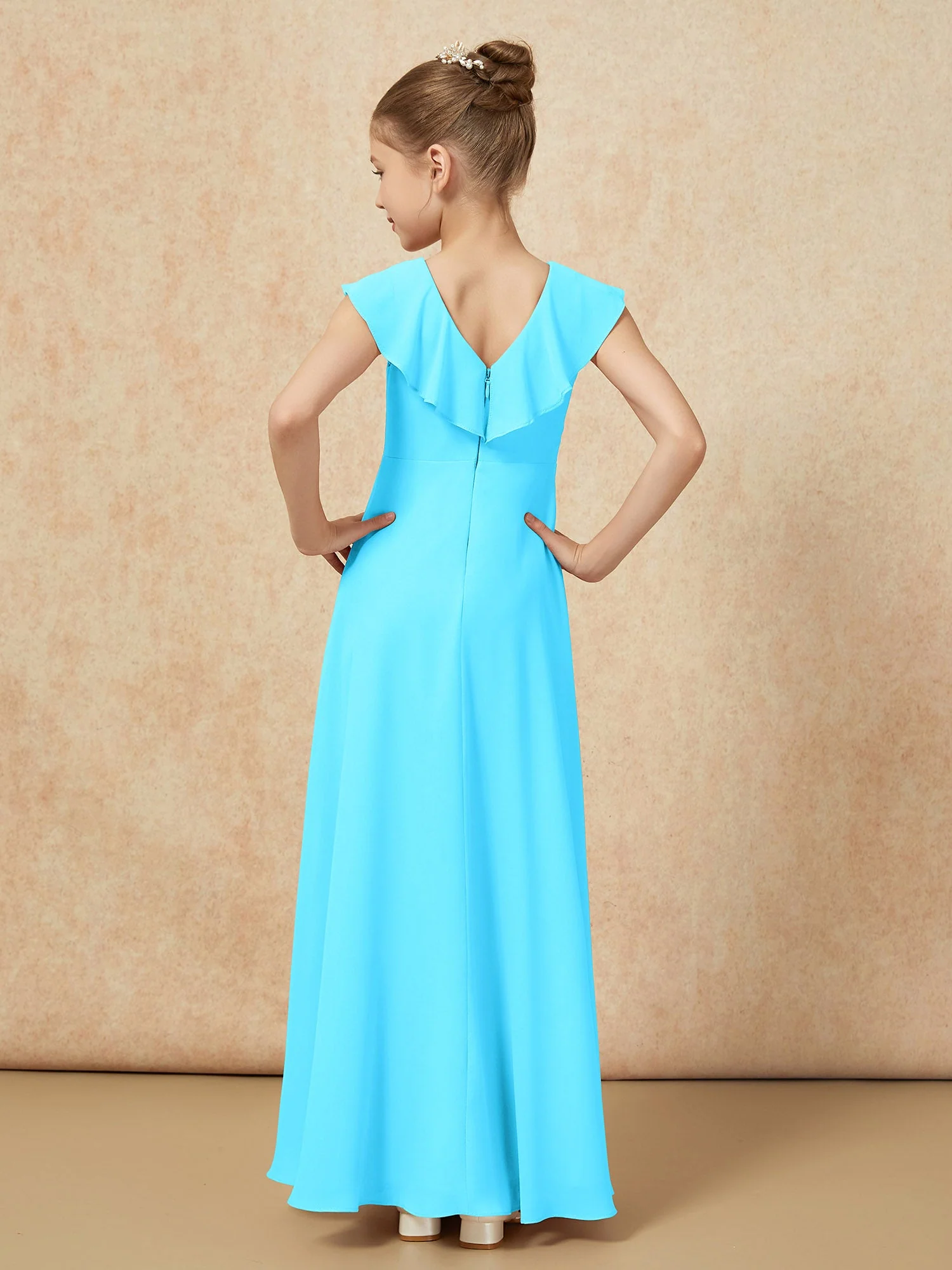 V-Ausschnitt Rüschen Chiffon Junge Brautjungfernkleider mit Schlitz Schwimmbadblau - Image 2