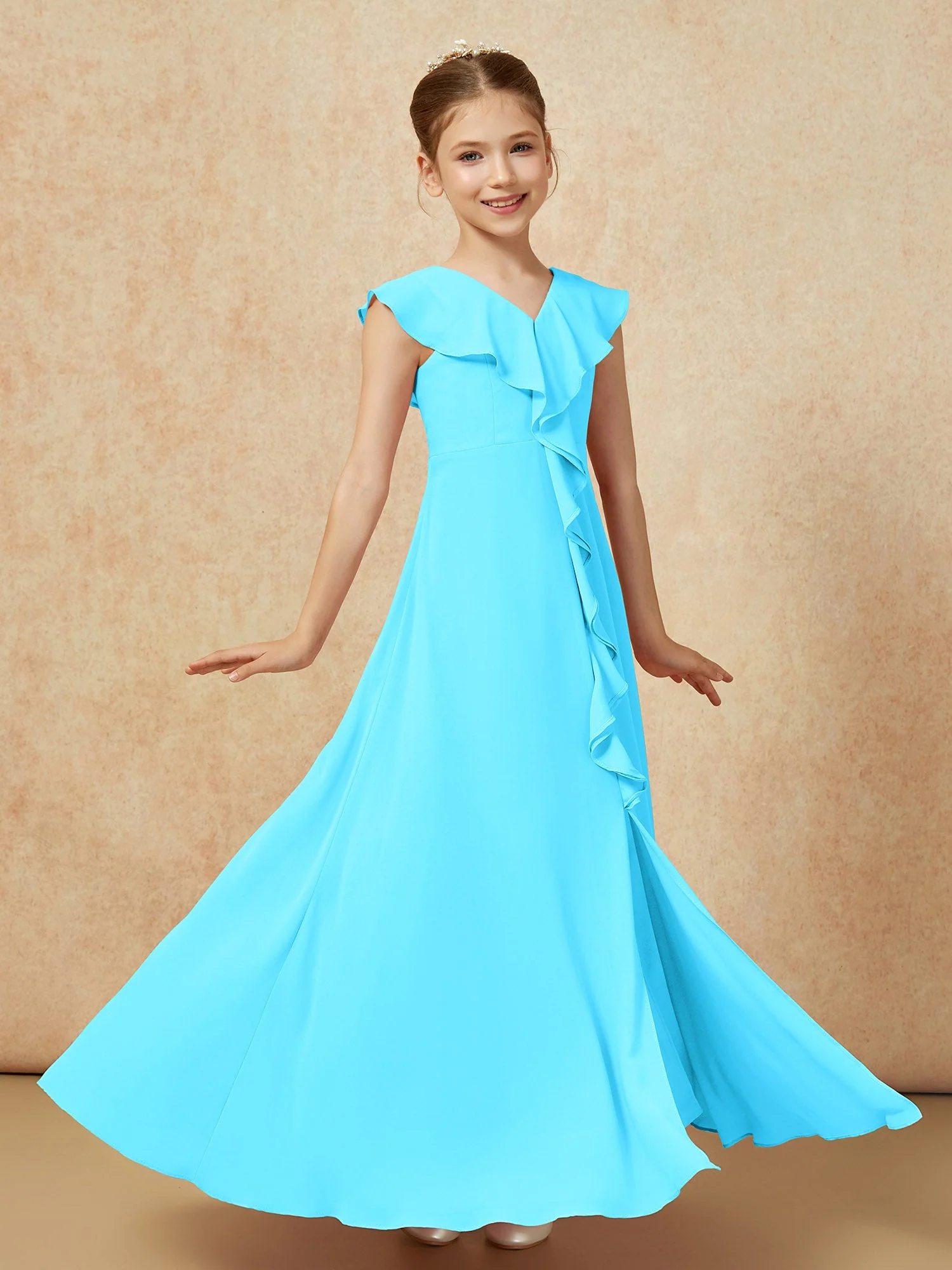 V-Ausschnitt Rüschen Chiffon Junge Brautjungfernkleider mit Schlitz Schwimmbadblau - Image 3