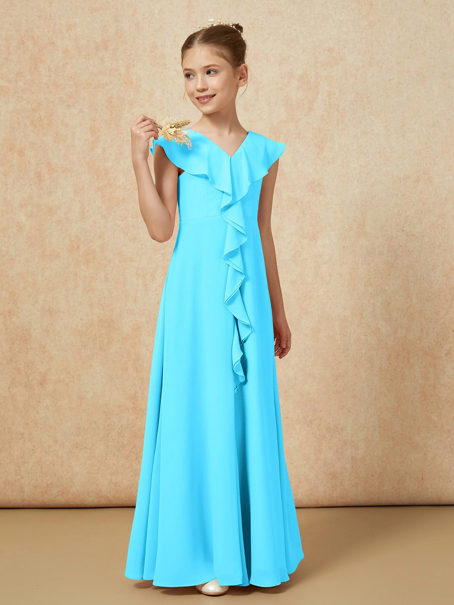 V-Ausschnitt Rüschen Chiffon Junge Brautjungfernkleider mit Schlitz Schwimmbadblau - Image 4