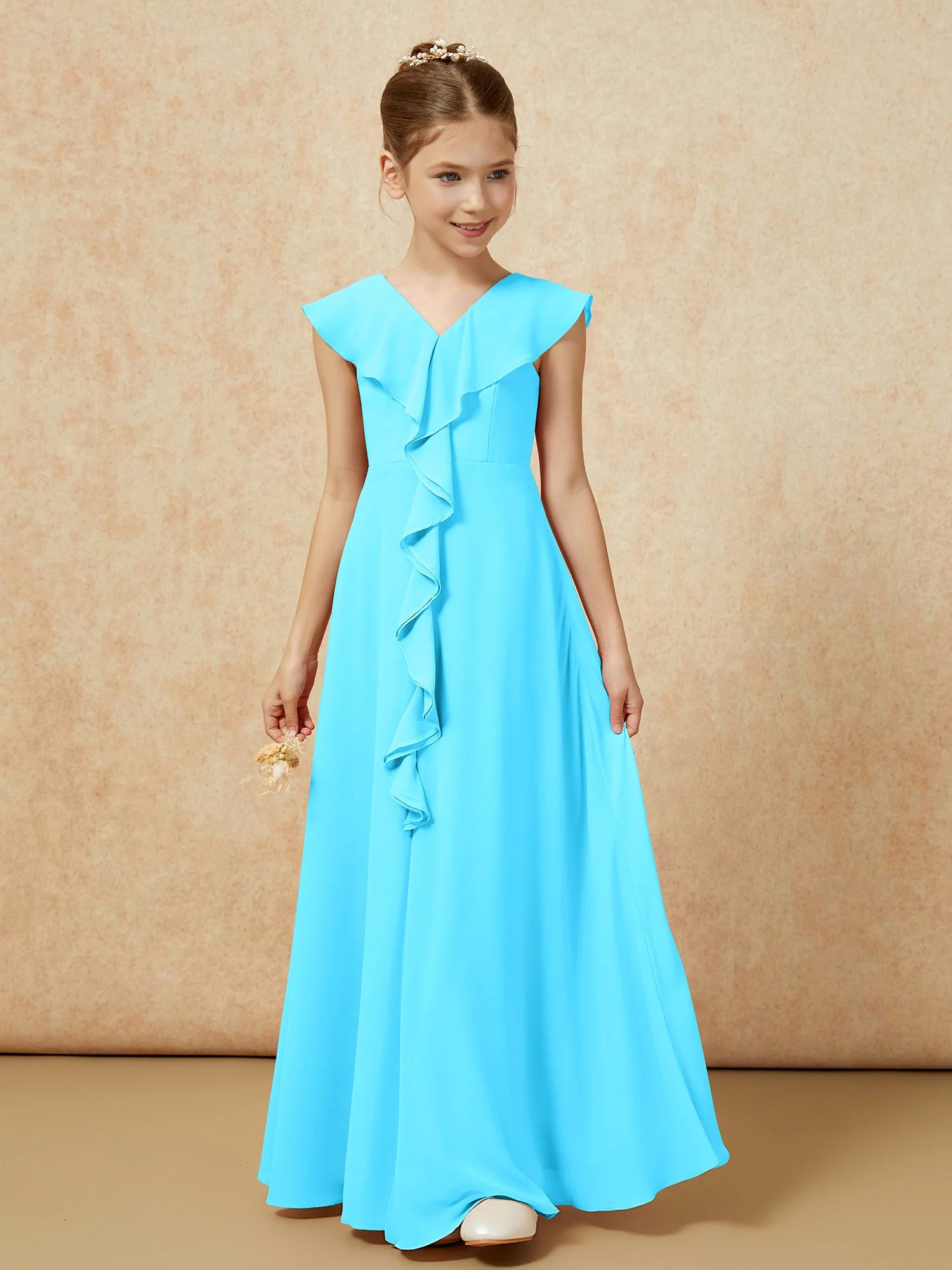 V-Ausschnitt Rüschen Chiffon Junge Brautjungfernkleider mit Schlitz Schwimmbadblau - Image 5