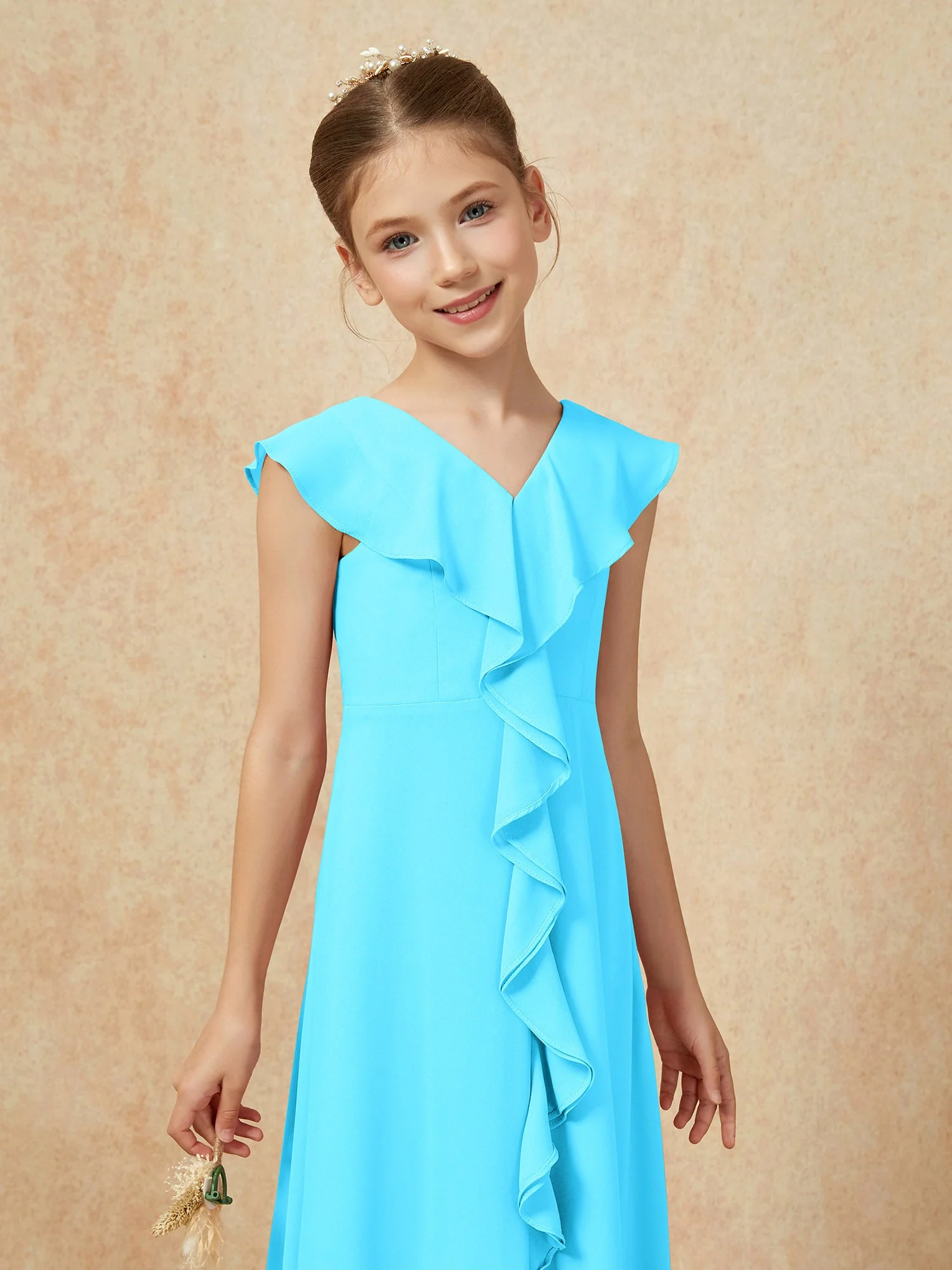 V-Ausschnitt Rüschen Chiffon Junge Brautjungfernkleider mit Schlitz Schwimmbadblau - Image 6