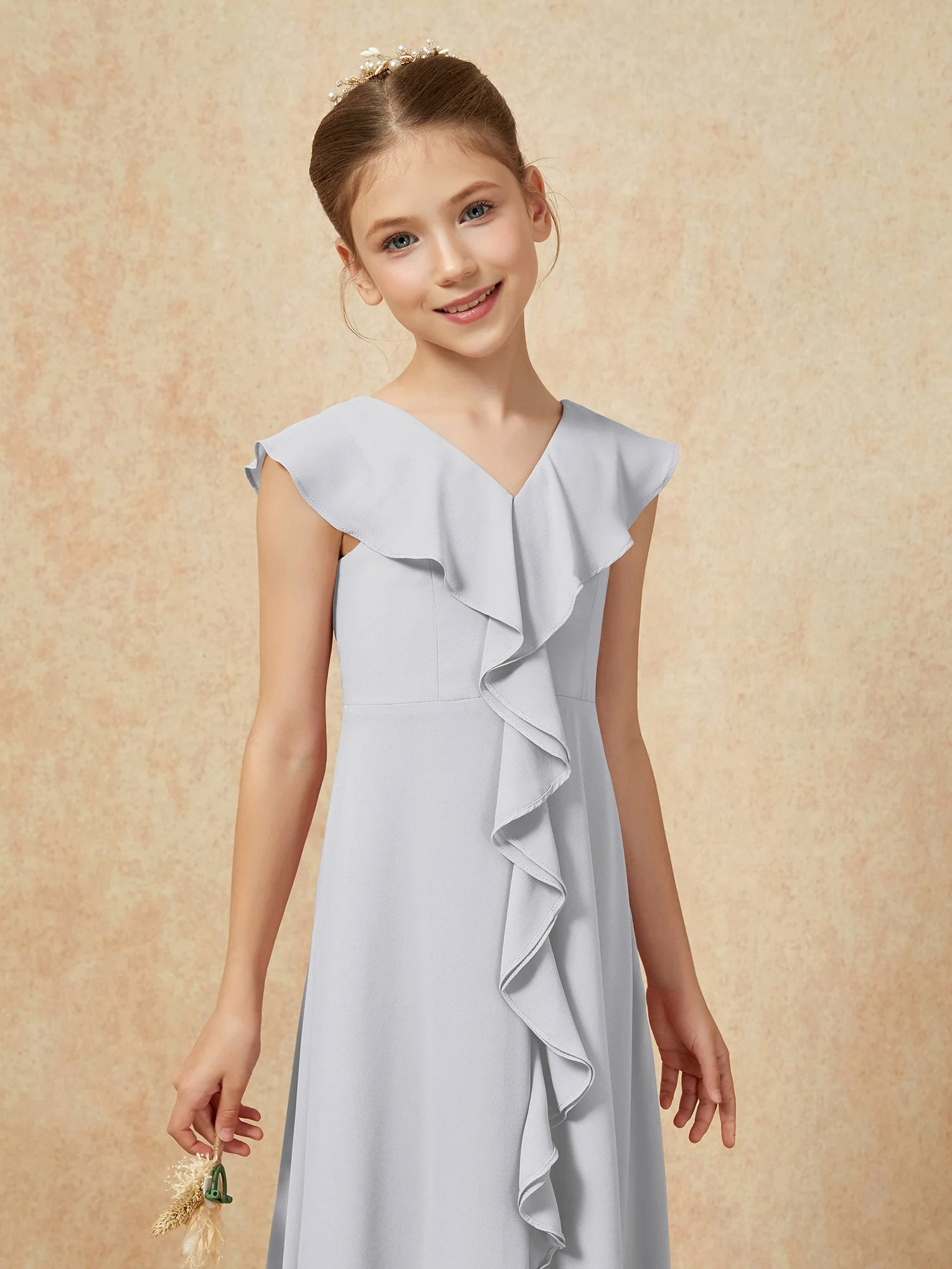 V-Ausschnitt Rüschen Chiffon Junge Brautjungfernkleider mit Schlitz Silber - Image 6