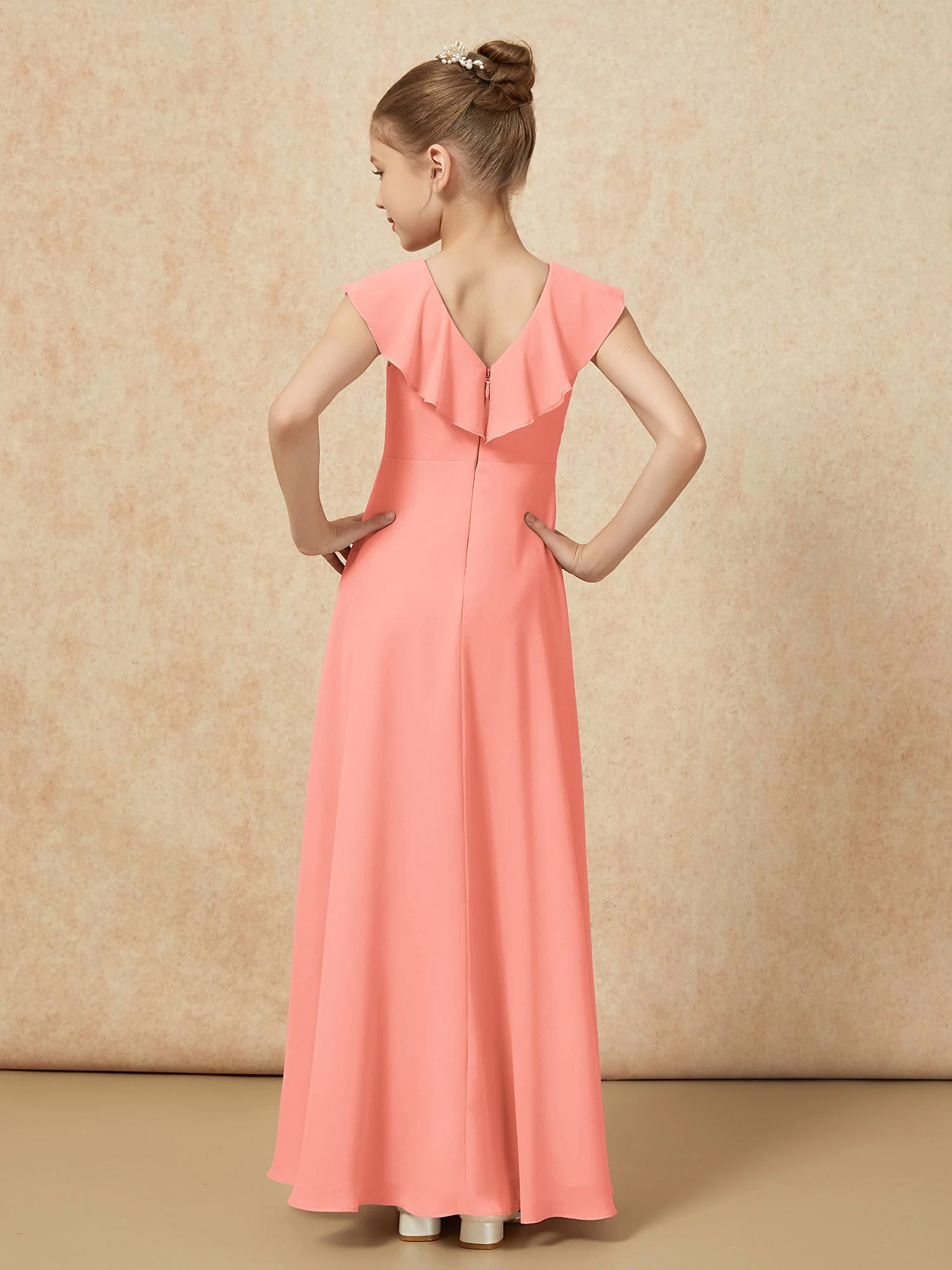 V-Ausschnitt Rüschen Chiffon Junge Brautjungfernkleider mit Schlitz Sonnenuntergang - Image 2