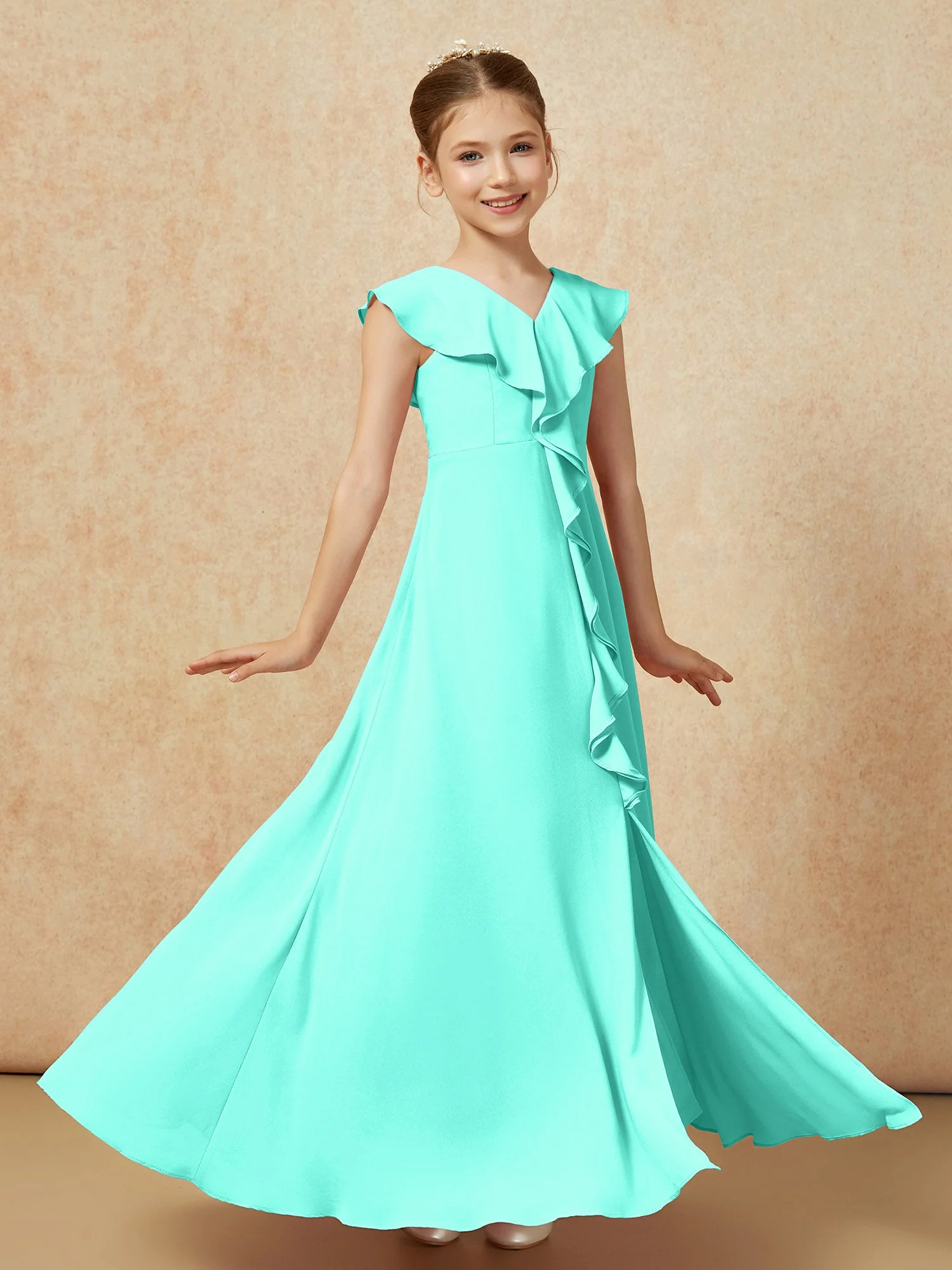 V-Ausschnitt Rüschen Chiffon Junge Brautjungfernkleider mit Schlitz Spa - Image 3