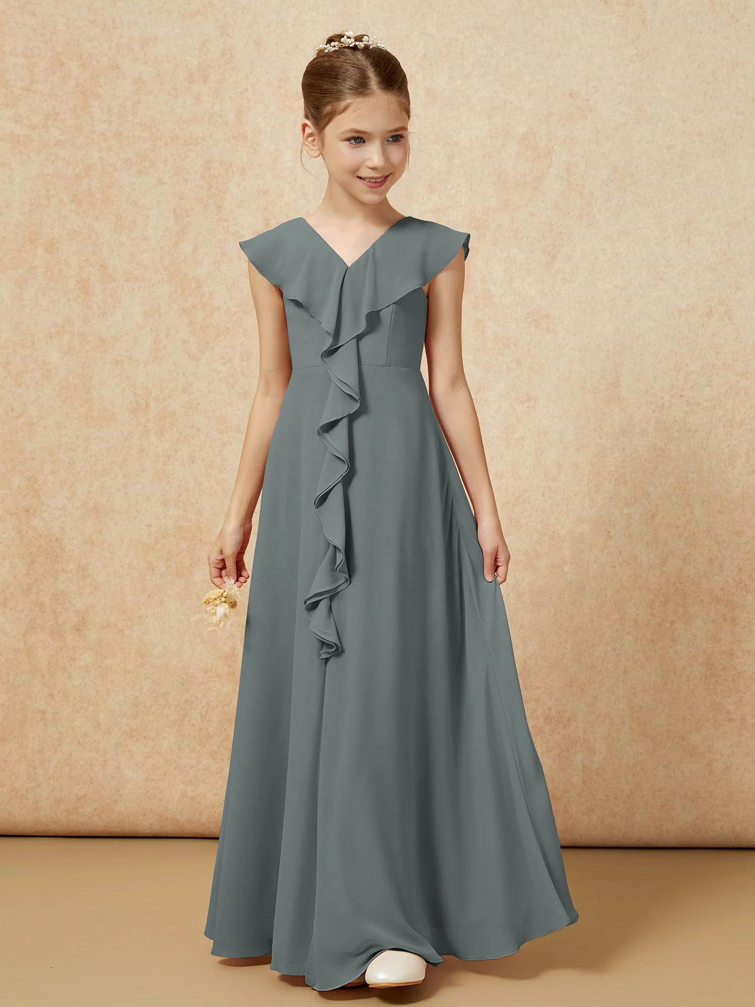 V-Ausschnitt Rüschen Chiffon Junge Brautjungfernkleider mit Schlitz Stahlgrau - Image 5