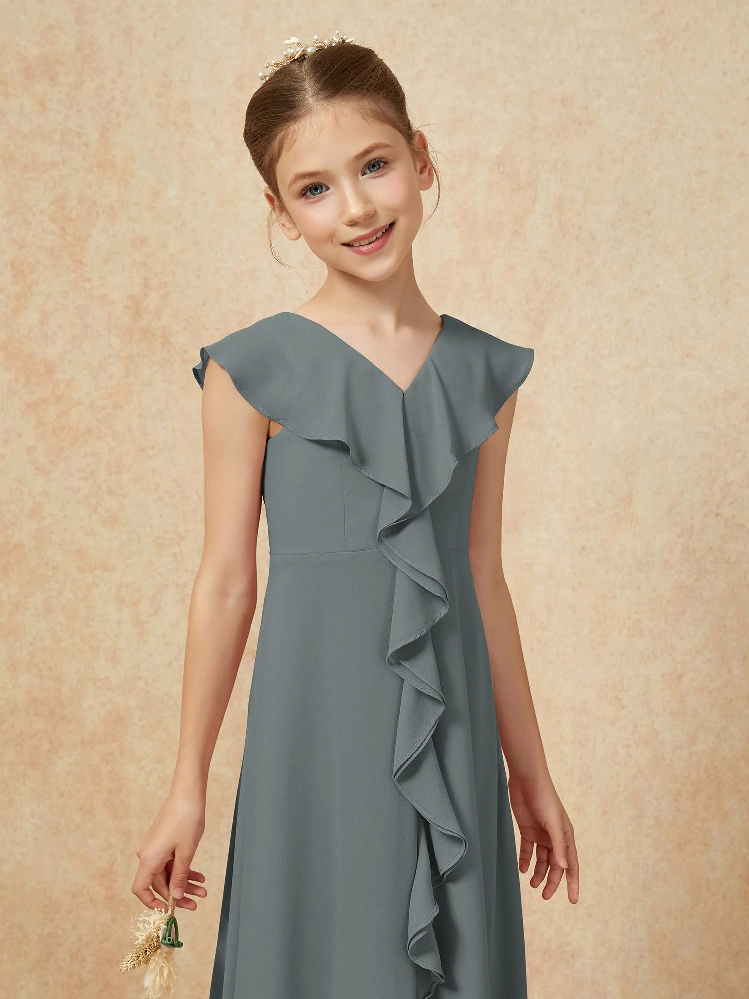 V-Ausschnitt Rüschen Chiffon Junge Brautjungfernkleider mit Schlitz Stahlgrau - Image 6