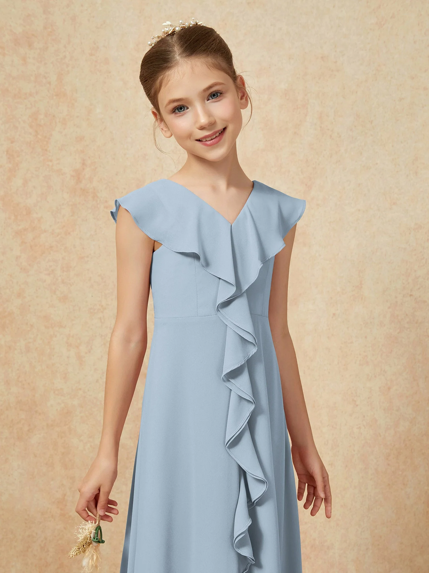 V-Ausschnitt Rüschen Chiffon Junge Brautjungfernkleider mit Schlitz Staubiges Blau - Image 6