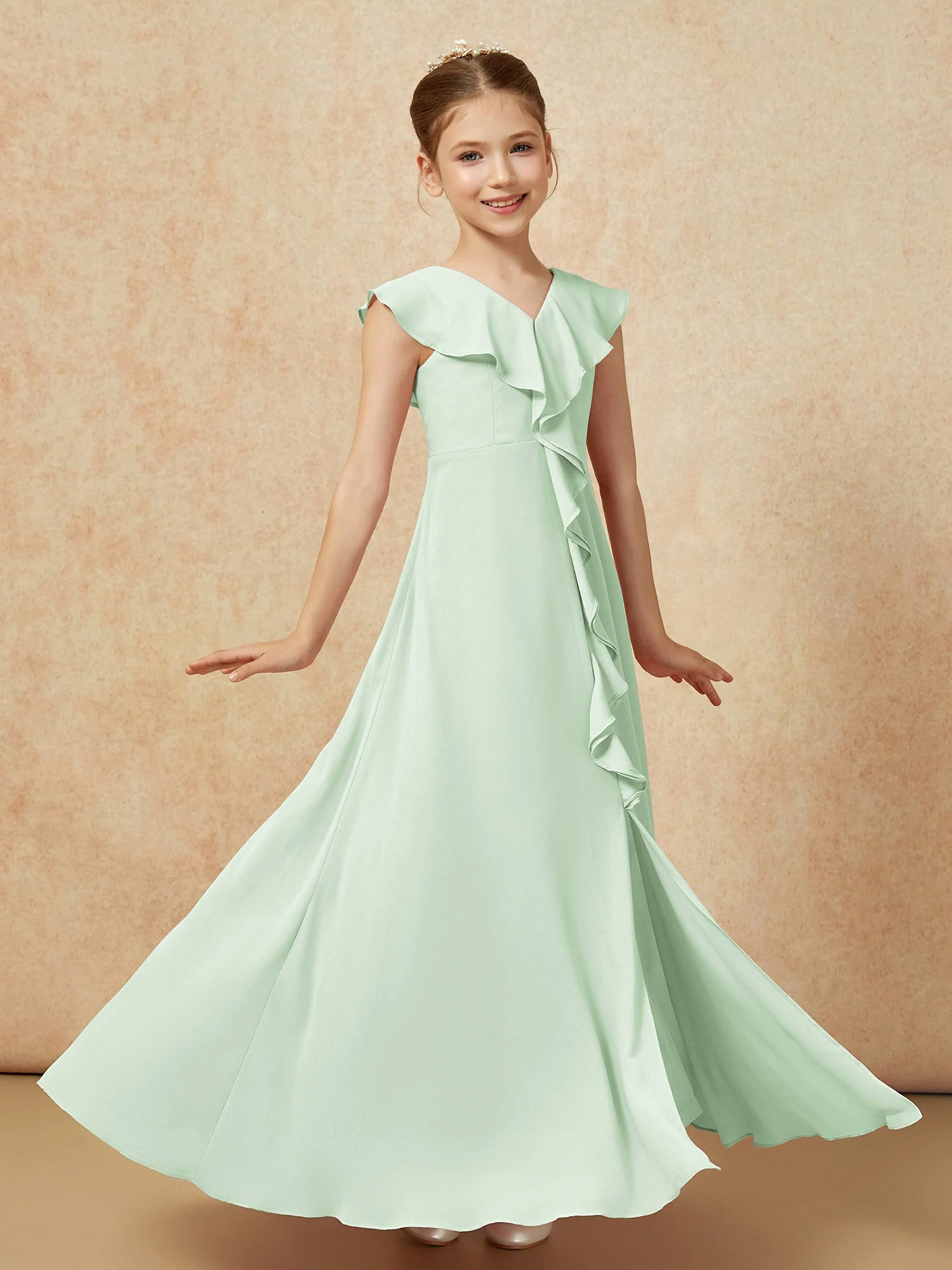 V-Ausschnitt Rüschen Chiffon Junge Brautjungfernkleider mit Schlitz Staubiges Salbei - Image 3