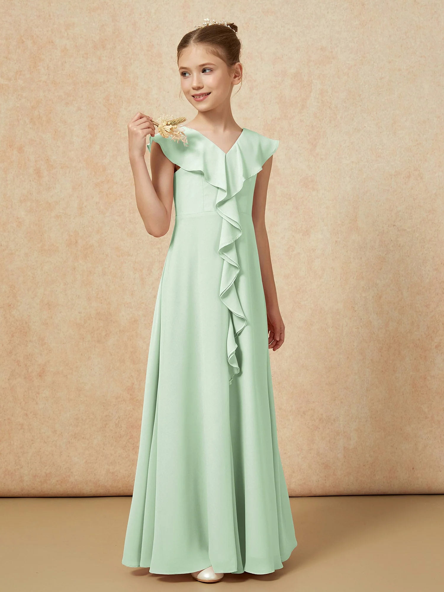 V-Ausschnitt Rüschen Chiffon Junge Brautjungfernkleider mit Schlitz Staubiges Salbei - Image 4