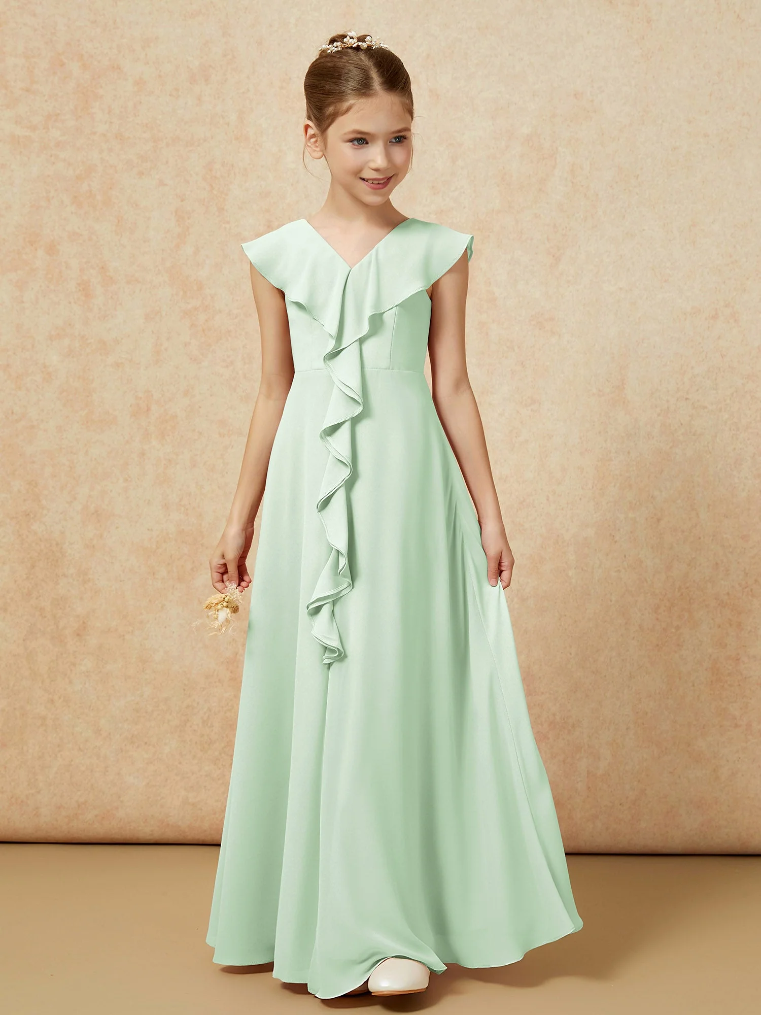V-Ausschnitt Rüschen Chiffon Junge Brautjungfernkleider mit Schlitz Staubiges Salbei - Image 5