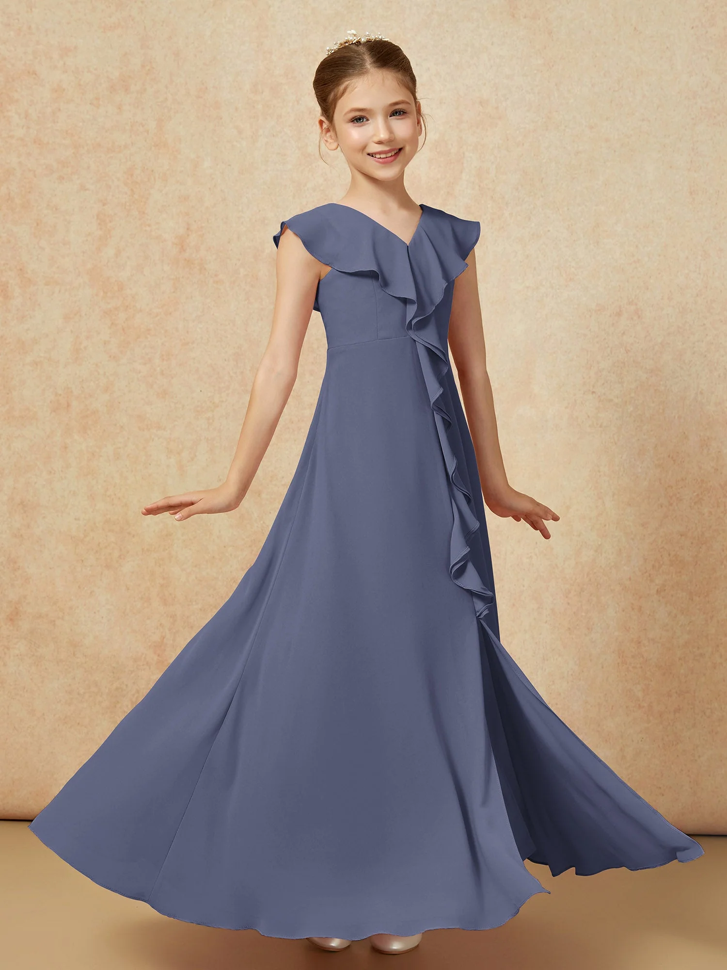 V-Ausschnitt Rüschen Chiffon Junge Brautjungfernkleider mit Schlitz Sturm - Image 3