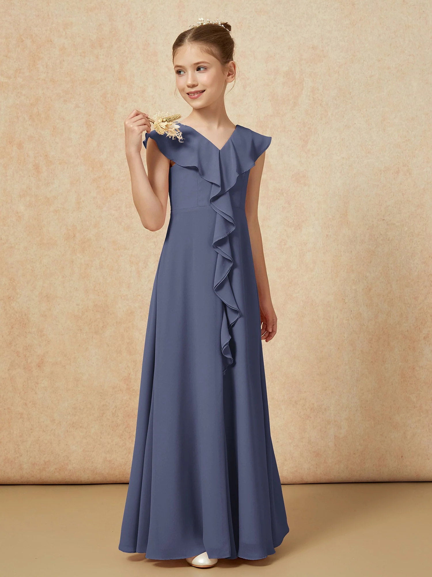 V-Ausschnitt Rüschen Chiffon Junge Brautjungfernkleider mit Schlitz Sturm - Image 4
