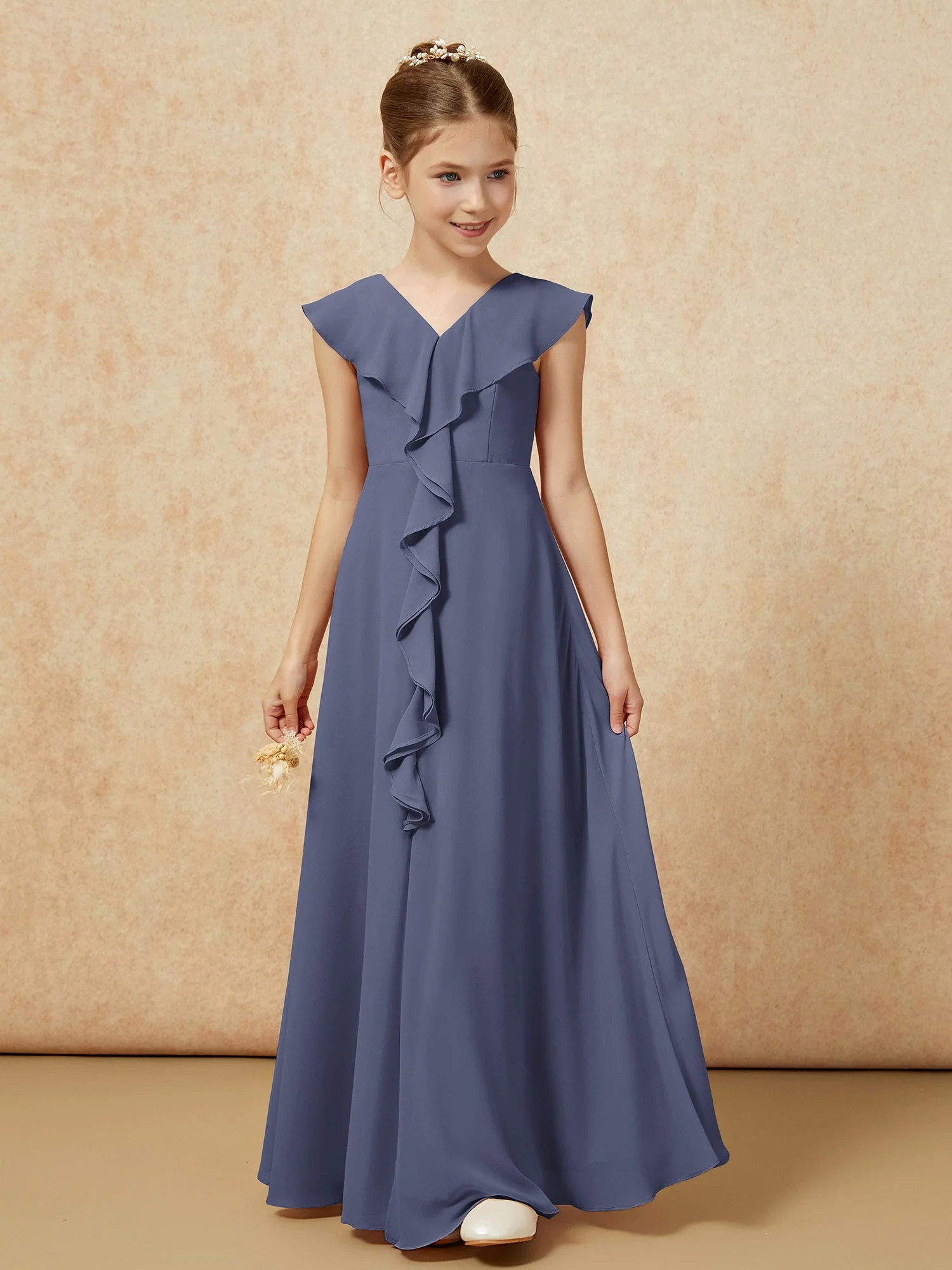 V-Ausschnitt Rüschen Chiffon Junge Brautjungfernkleider mit Schlitz Sturm - Image 5