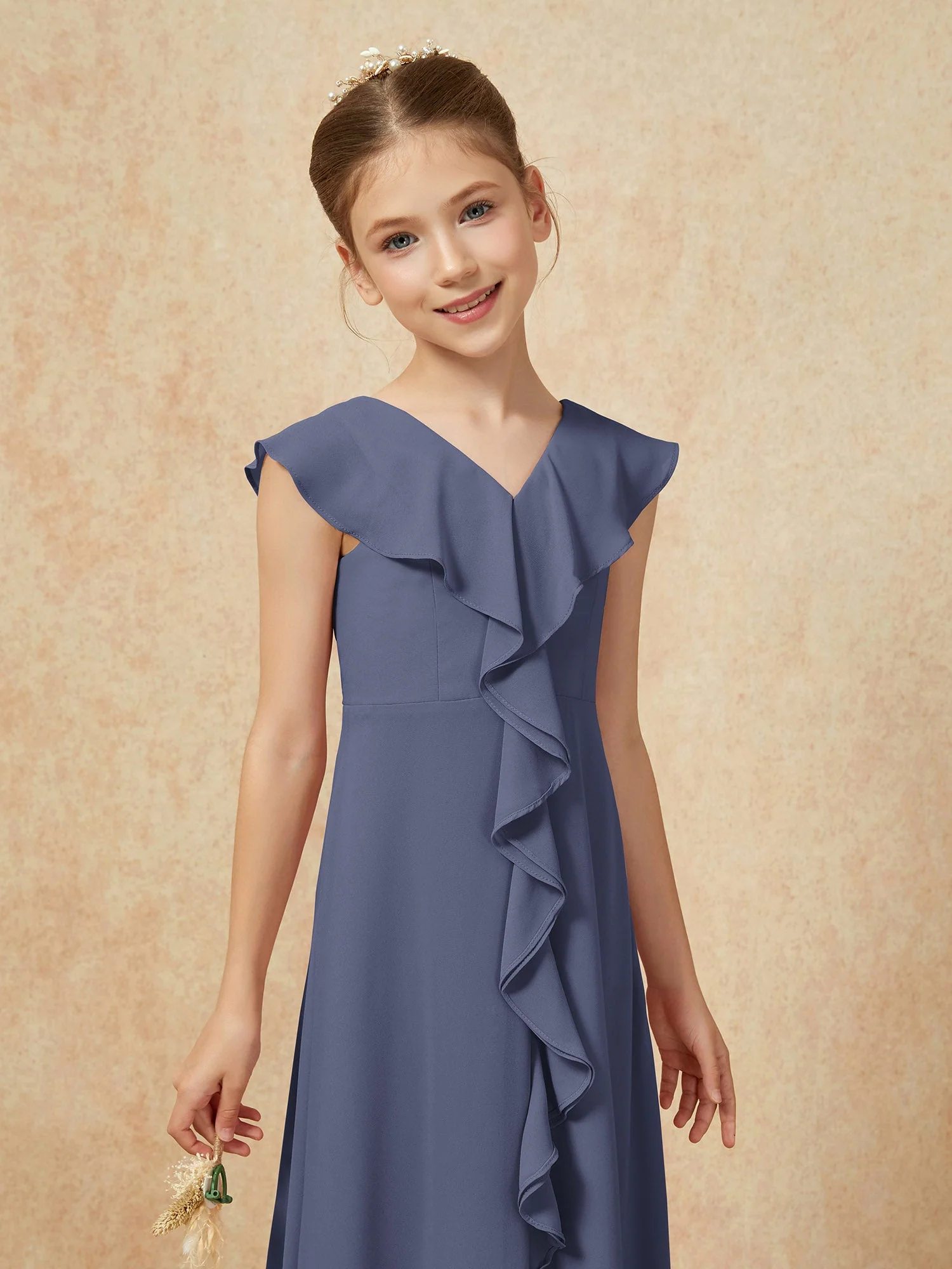 V-Ausschnitt Rüschen Chiffon Junge Brautjungfernkleider mit Schlitz Sturm - Image 6