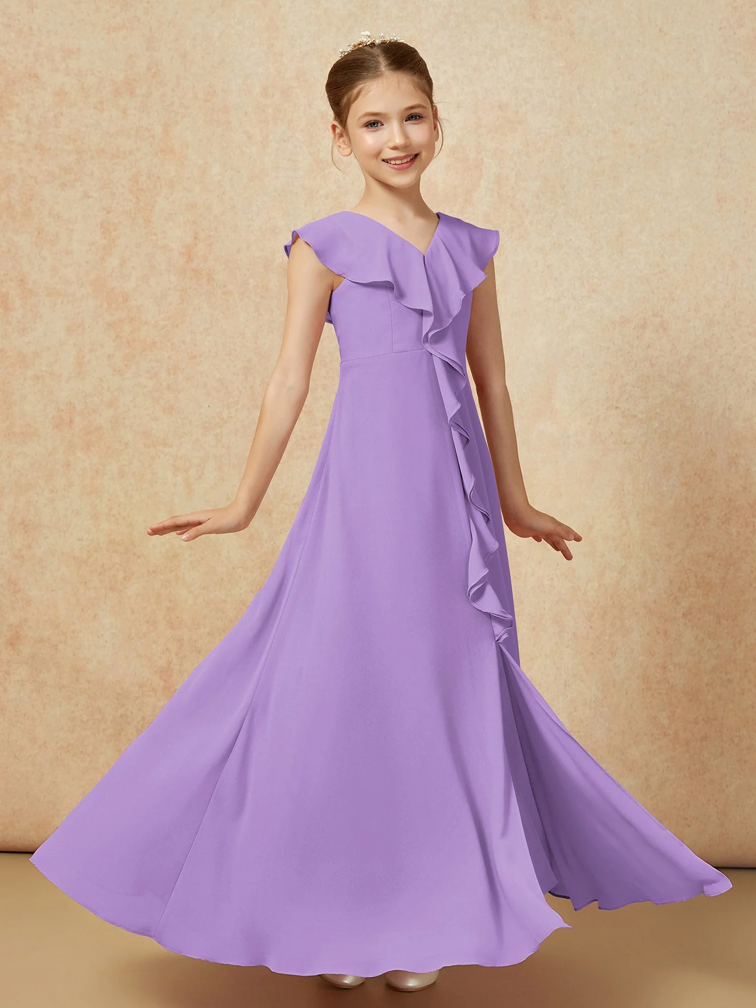 V-Ausschnitt Rüschen Chiffon Junge Brautjungfernkleider mit Schlitz Tahiti - Image 3