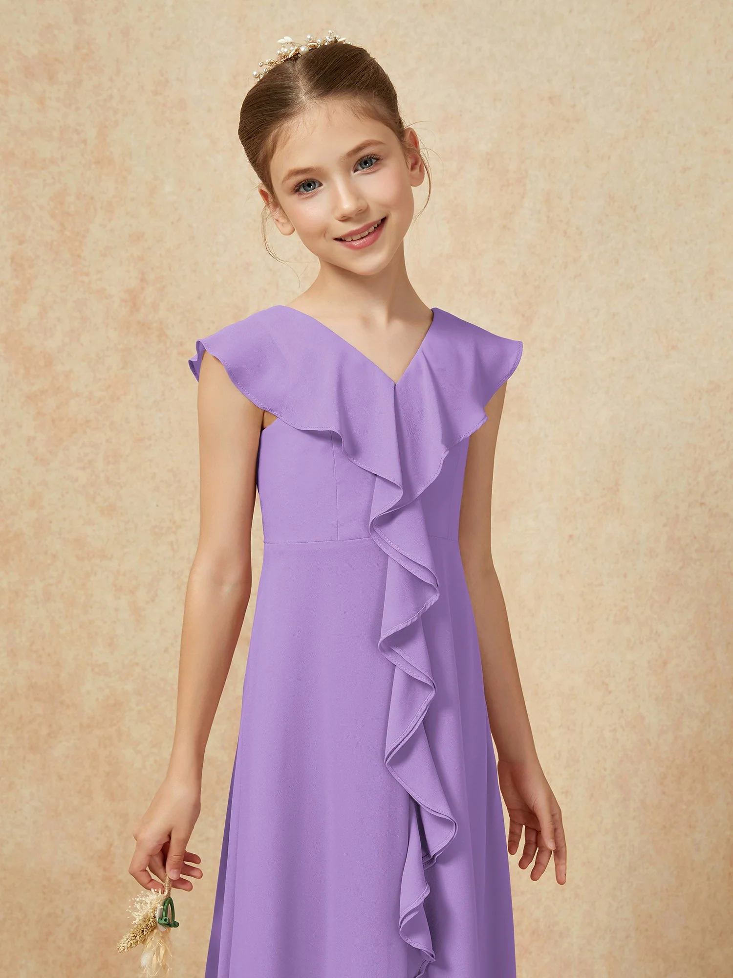 V-Ausschnitt Rüschen Chiffon Junge Brautjungfernkleider mit Schlitz Tahiti - Image 6