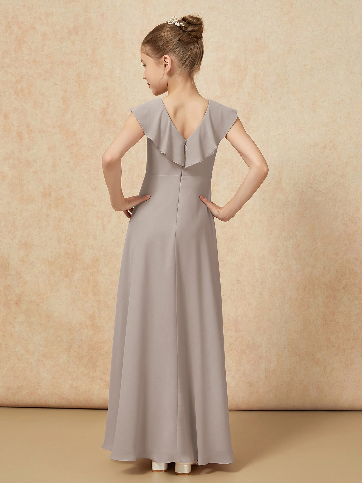 V-Ausschnitt Rüschen Chiffon Junge Brautjungfernkleider mit Schlitz Taupe - Image 2
