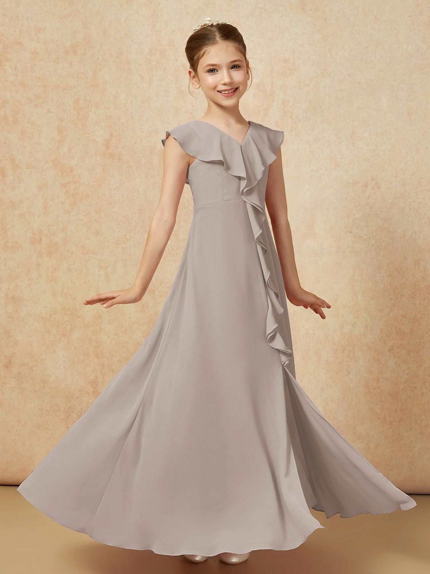V-Ausschnitt Rüschen Chiffon Junge Brautjungfernkleider mit Schlitz Taupe - Image 3