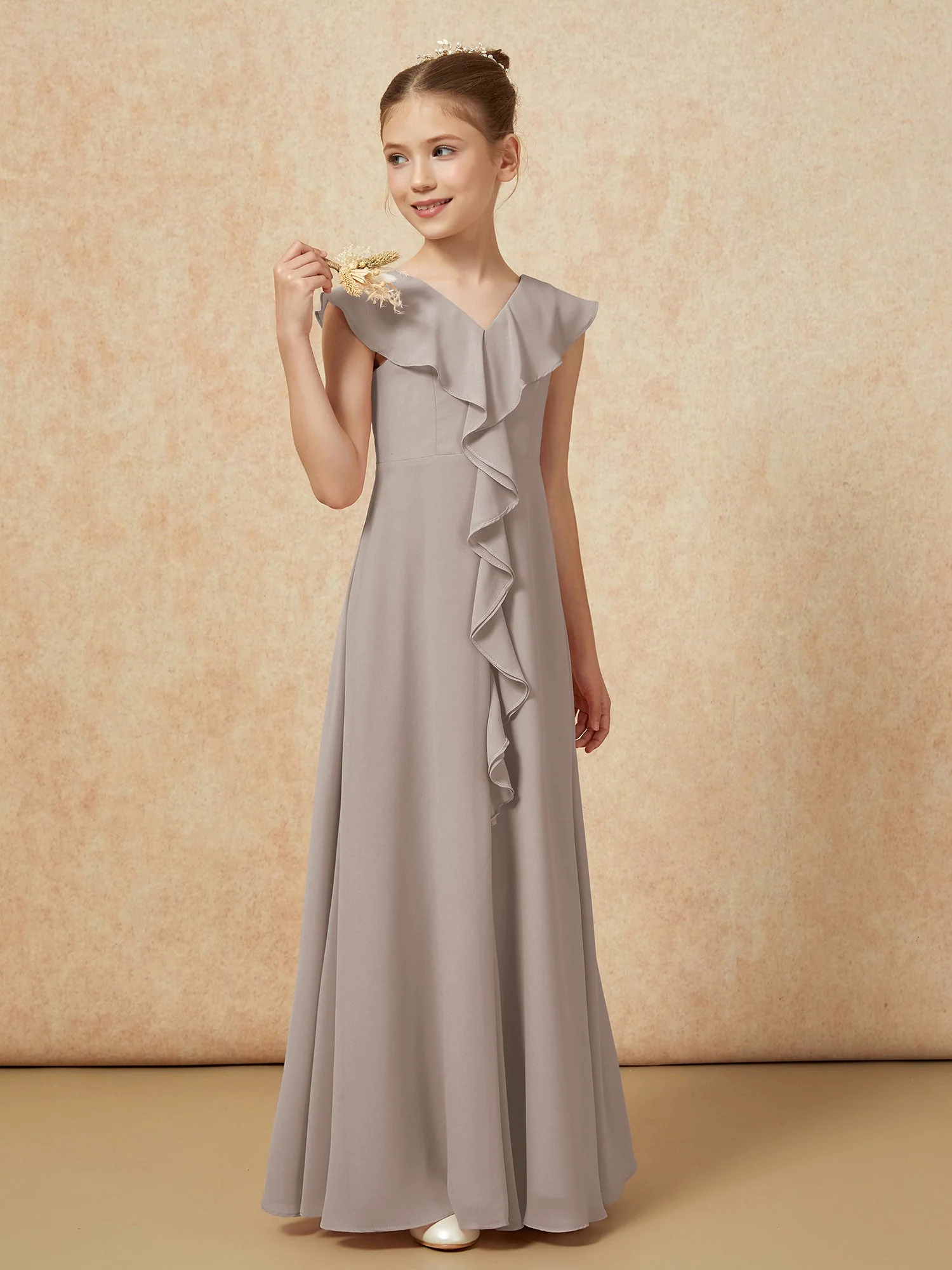 V-Ausschnitt Rüschen Chiffon Junge Brautjungfernkleider mit Schlitz Taupe - Image 4